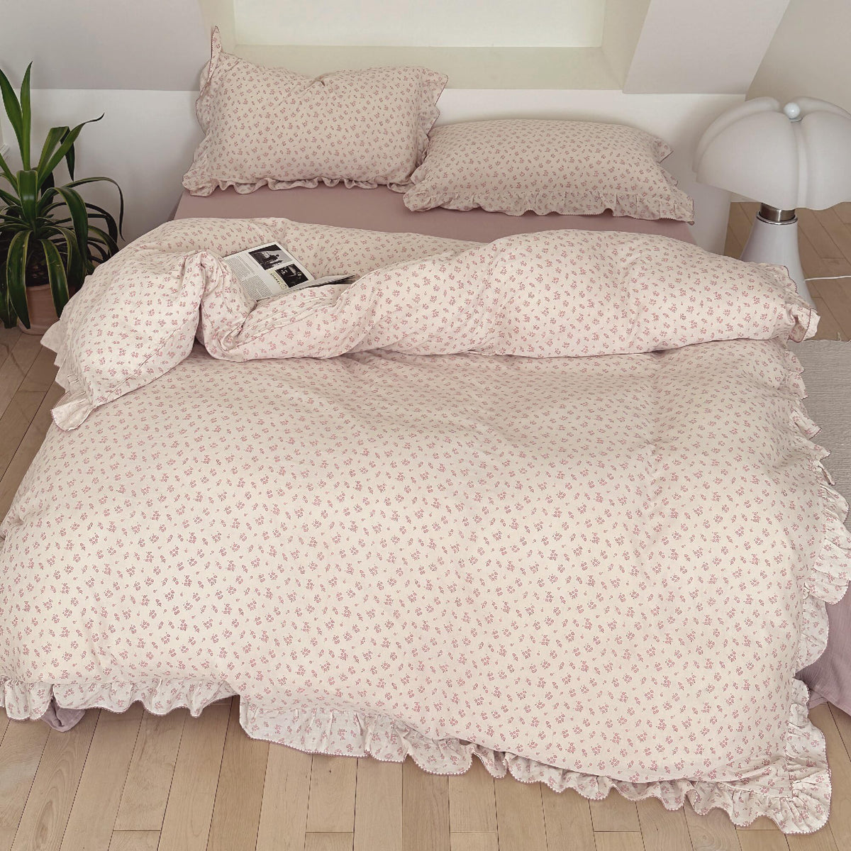 BuLuTu 100% Cotton Muslin Duvet Cover Twin for Kids Girls Boys, Shabby Chic Azalea Floral Duvet Covers Vintage Farmhouse Comforter/Quilt Cover with Ruffles, 68"x86", Zipper Closure, No Pillow