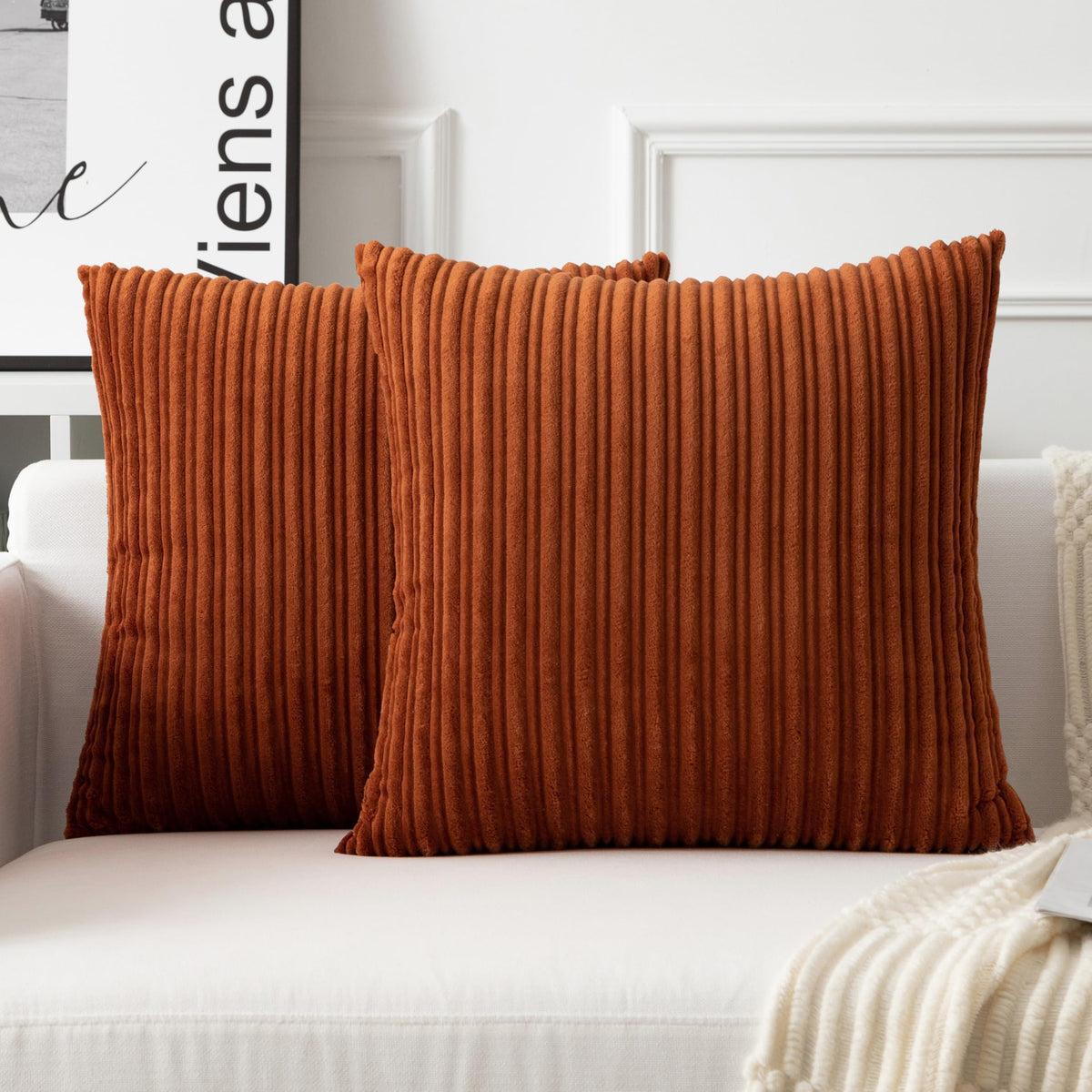 UGASA Velvet 12x20 Inch Lumbar Soft Throw Pillow Cover Boho Farmhouse Decorative Corduroy Striped Both Sides Solid Rectangular Cushion Case for Couch Bedroom Sofa Home, 1 Piece, Beige