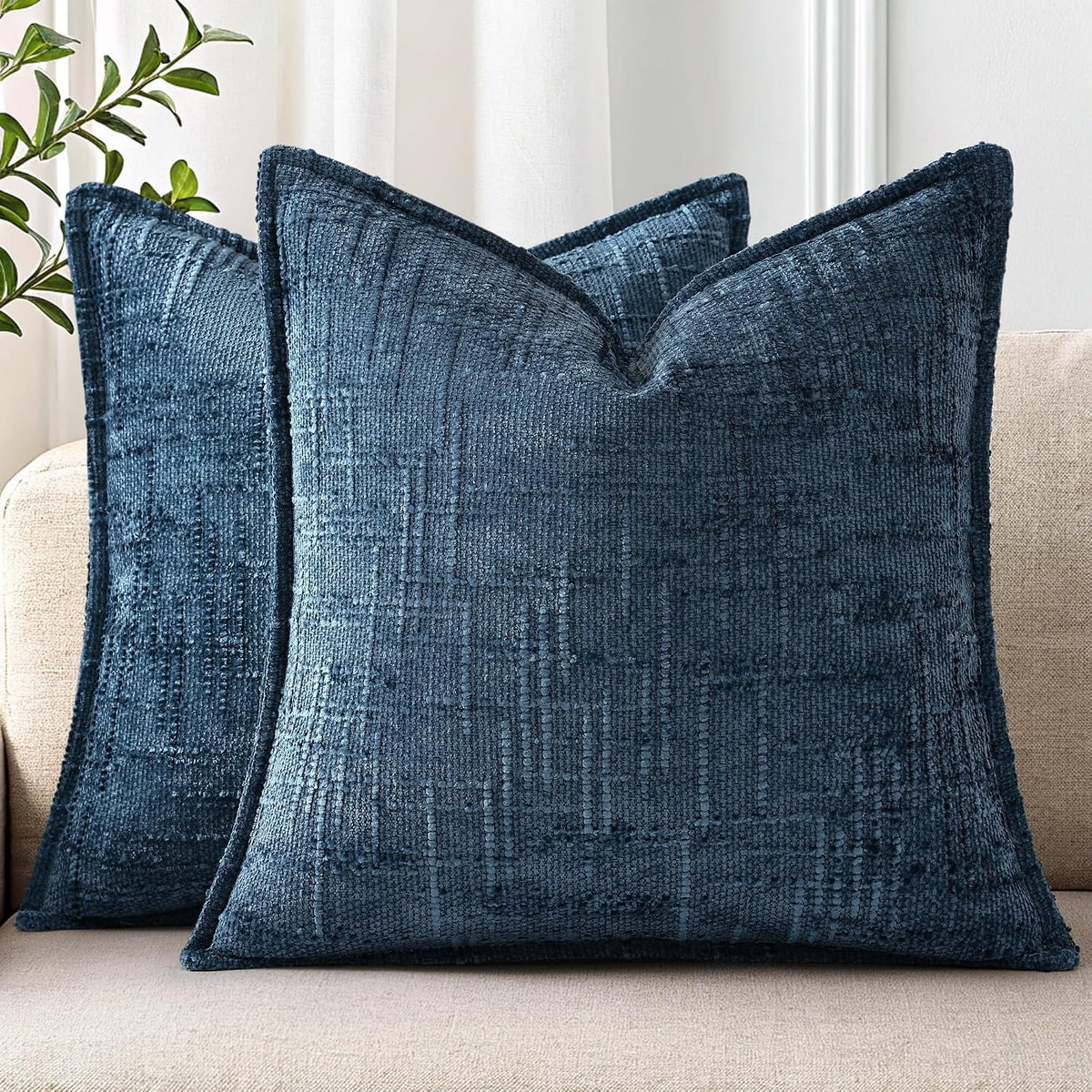 decorUhome Chenille Decorative Throw Pillow Covers 18x18 Set of 2, Navy