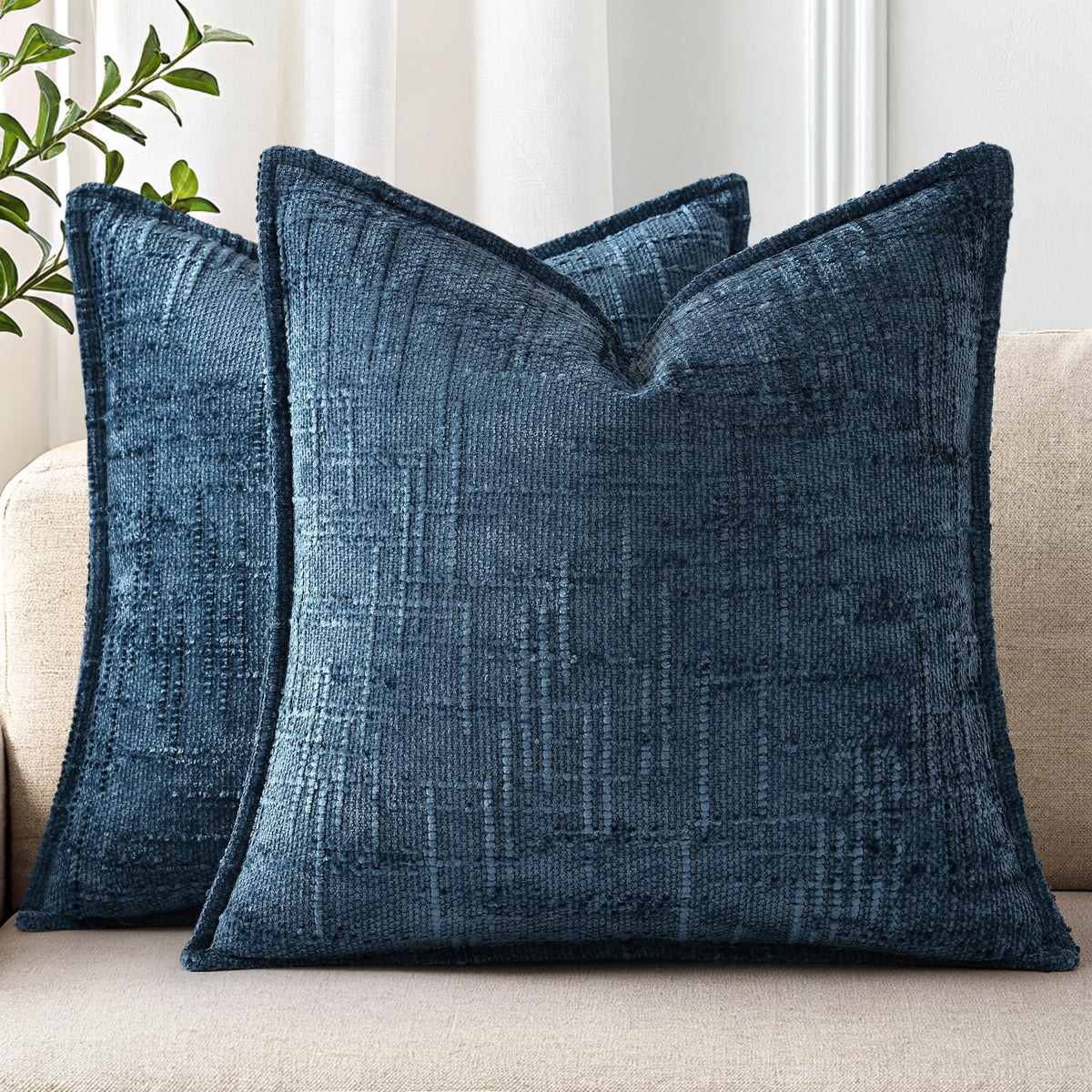 decorUhome Chenille Decorative Throw Pillow Covers 18x18 Set of 2, Navy