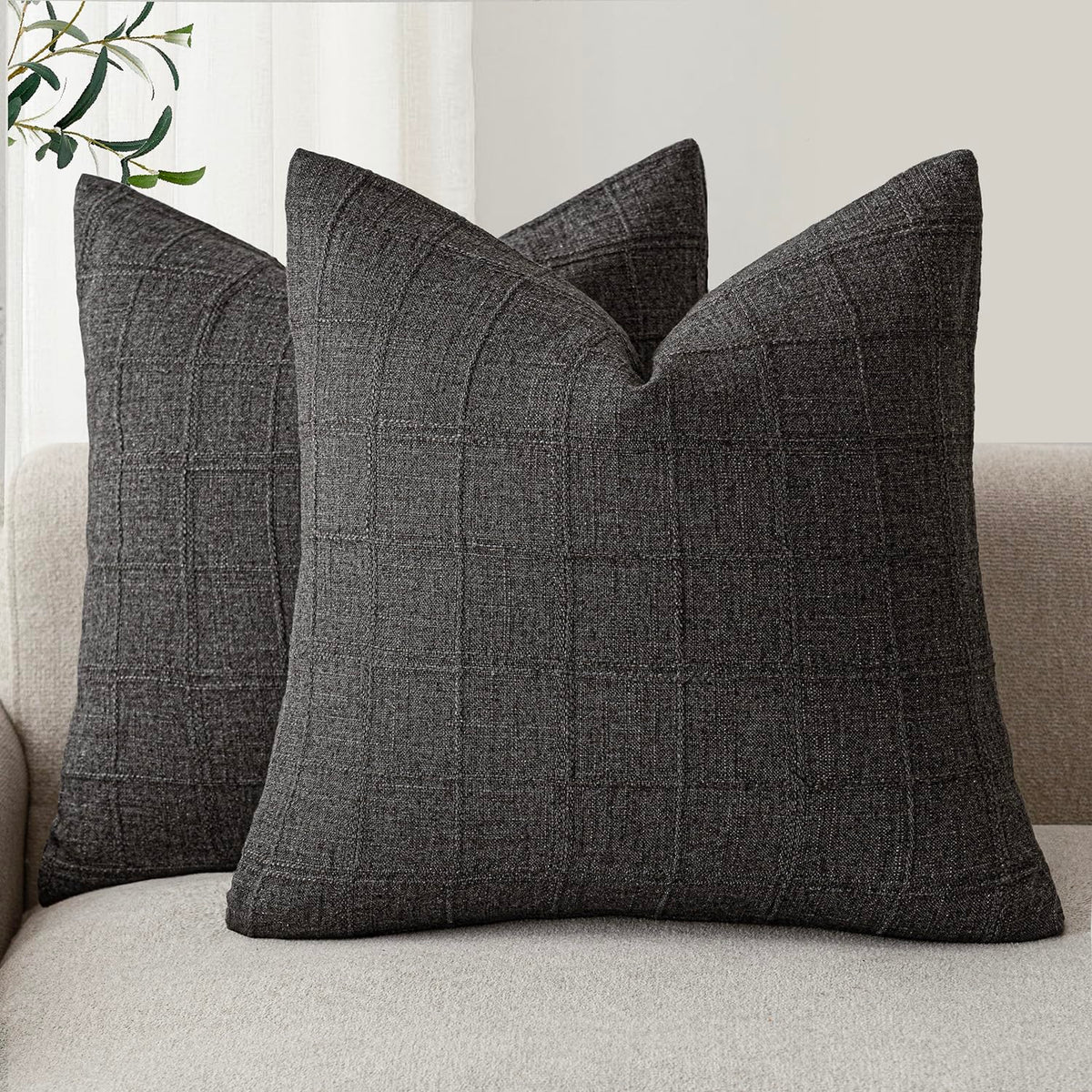 Foindtower Boho Linen Check Decorative Throw Pillow Cover 18×18 Olive Green
