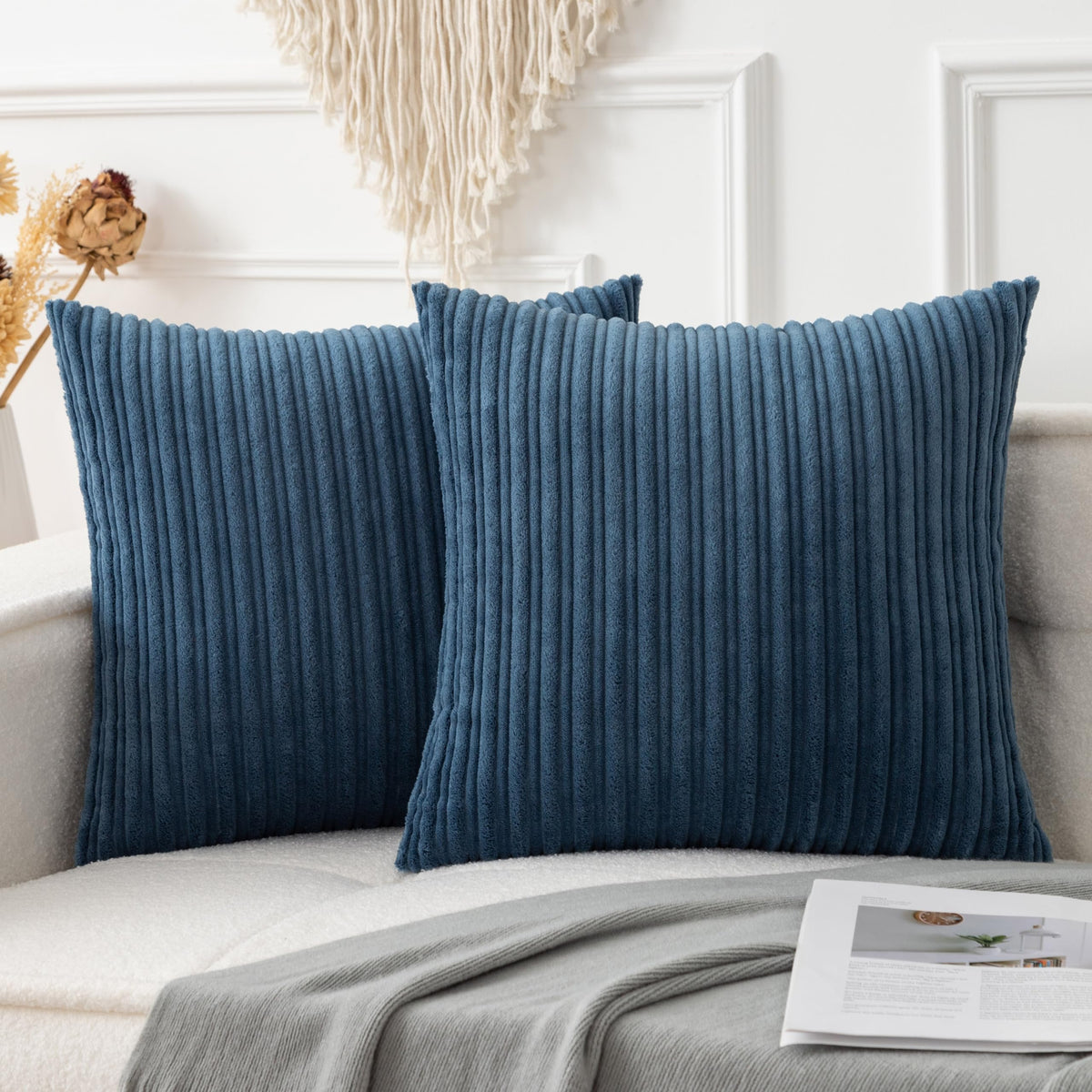 UGASA Velvet 12x20 Inch Lumbar Soft Throw Pillow Cover Boho Farmhouse Decorative Corduroy Striped Both Sides Solid Rectangular Cushion Case for Couch Bedroom Sofa Home, 1 Piece, Beige