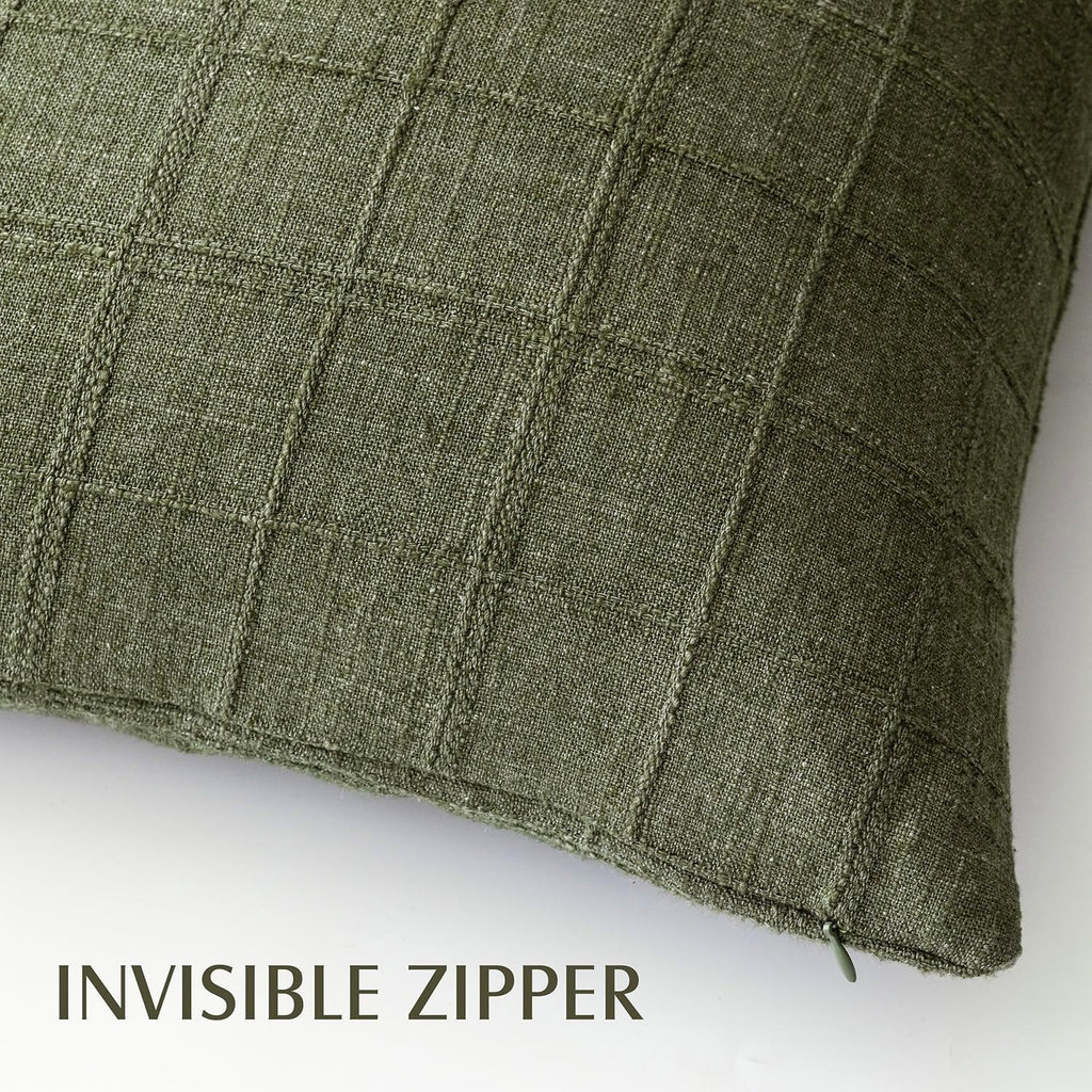 Foindtower Boho Linen Check Decorative Throw Pillow Cover 18×18 Olive Green