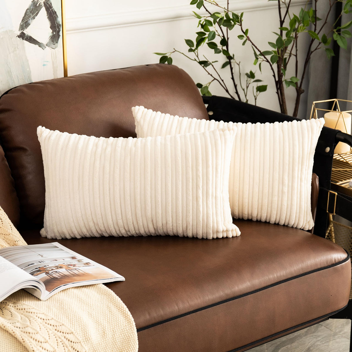 UGASA Velvet 12x20 Inch Lumbar Soft Throw Pillow Cover Boho Farmhouse Decorative Corduroy Striped Both Sides Solid Rectangular Cushion Case for Couch Bedroom Sofa Home, 1 Piece, Beige