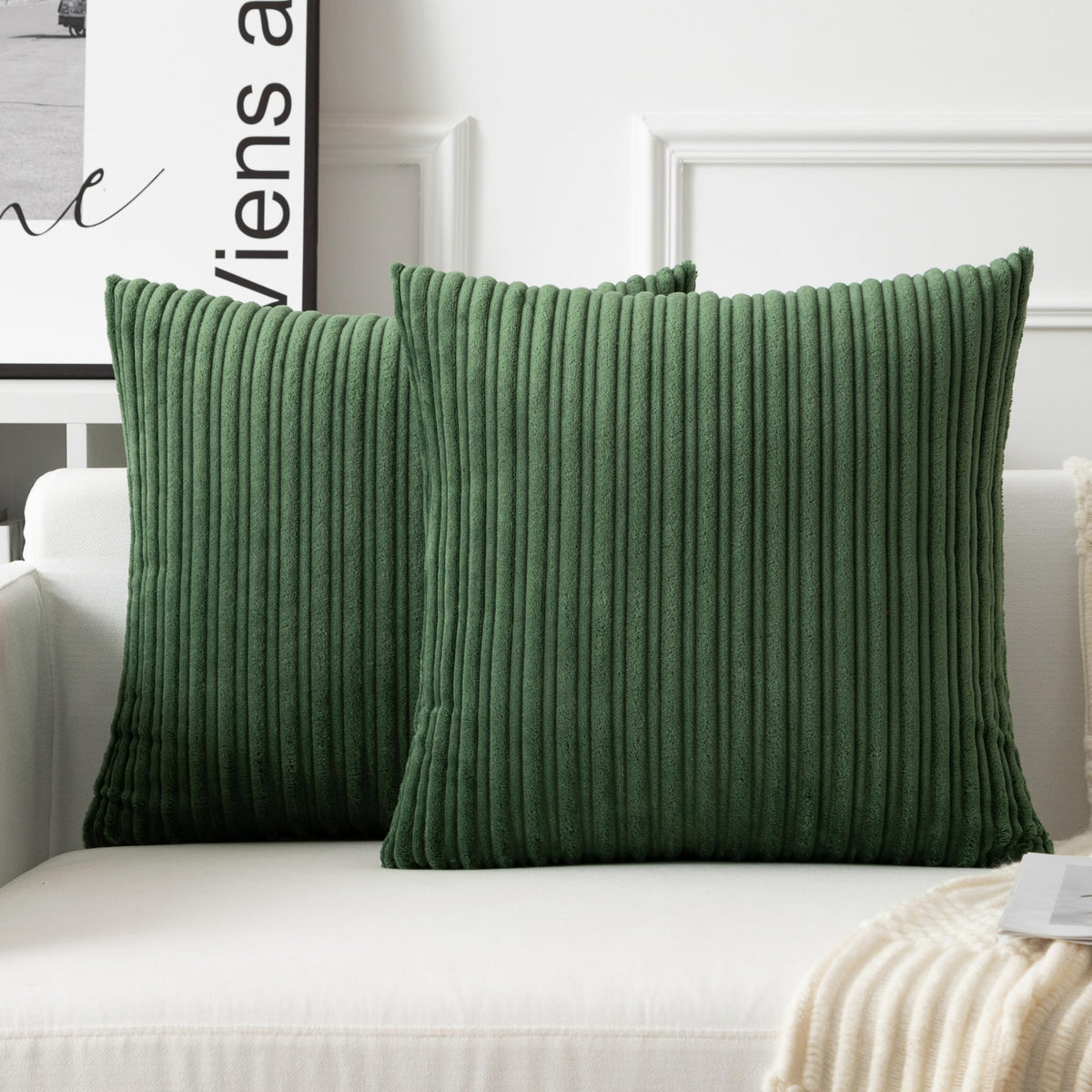 UGASA Velvet 12x20 Inch Lumbar Soft Throw Pillow Cover Boho Farmhouse Decorative Corduroy Striped Both Sides Solid Rectangular Cushion Case for Couch Bedroom Sofa Home, 1 Piece, Beige