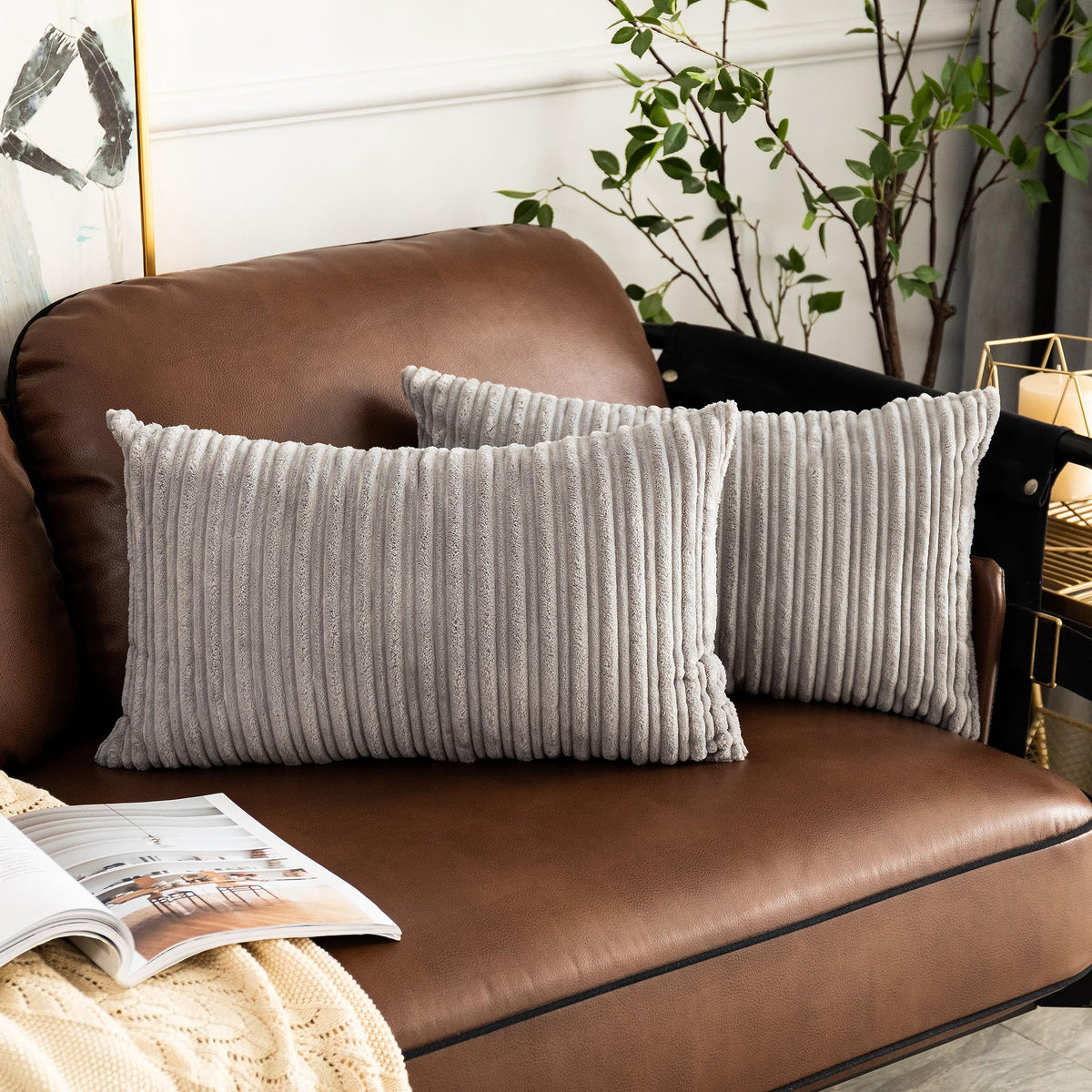 UGASA Velvet 12x20 Inch Lumbar Soft Throw Pillow Cover Boho Farmhouse Decorative Corduroy Striped Both Sides Solid Rectangular Cushion Case for Couch Bedroom Sofa Home, 1 Piece, Beige
