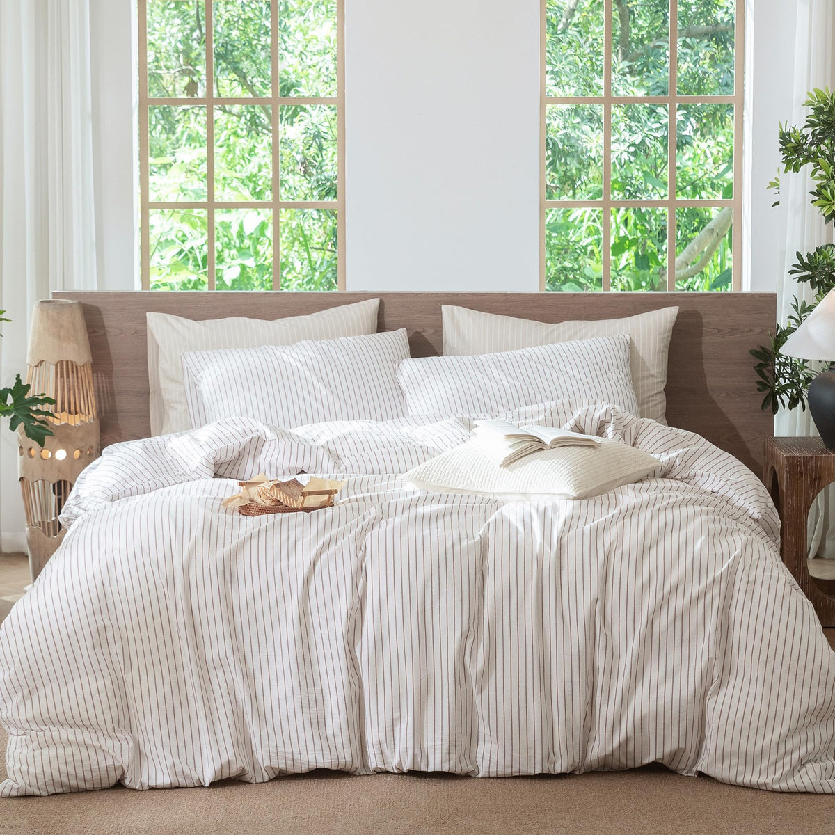 MooMee Striped Duvet Cover Set 100% Washed Cotton Linen Like Queen