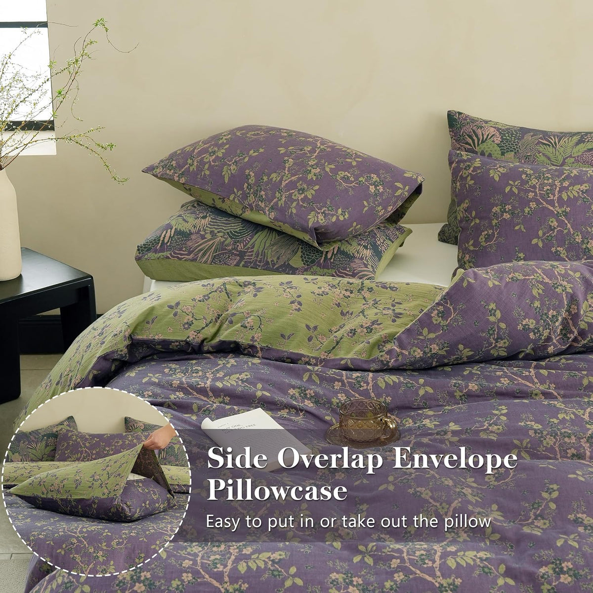 Simple&Opulence Muslin Duvet Cover Set Queen Size, 100% Washed Cotton 3 Pieces Yarn-Dyed Vintage Purple Floral Jacquard Textured Bedding, Soft & Breathable Gauze Comforter Cover with Zipper Closure