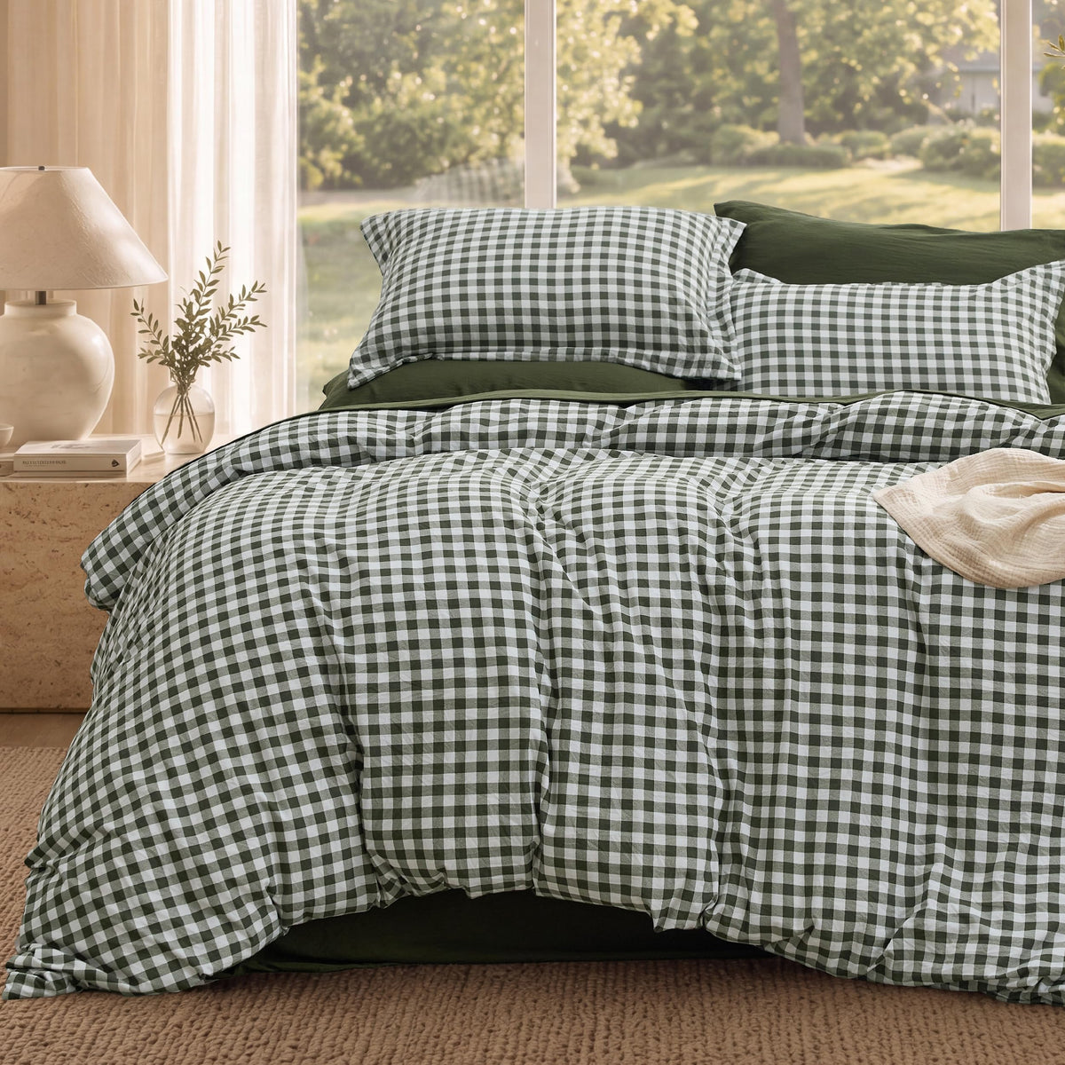 Bedsure Gingham Duvet Cover Set Cotton-Like Bedding Queen Size, Brown