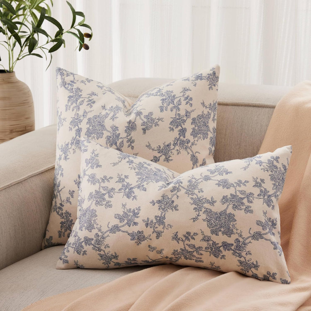 2 Pack French Floral Throw Pillow Covers 18x18in, Blue/Cream