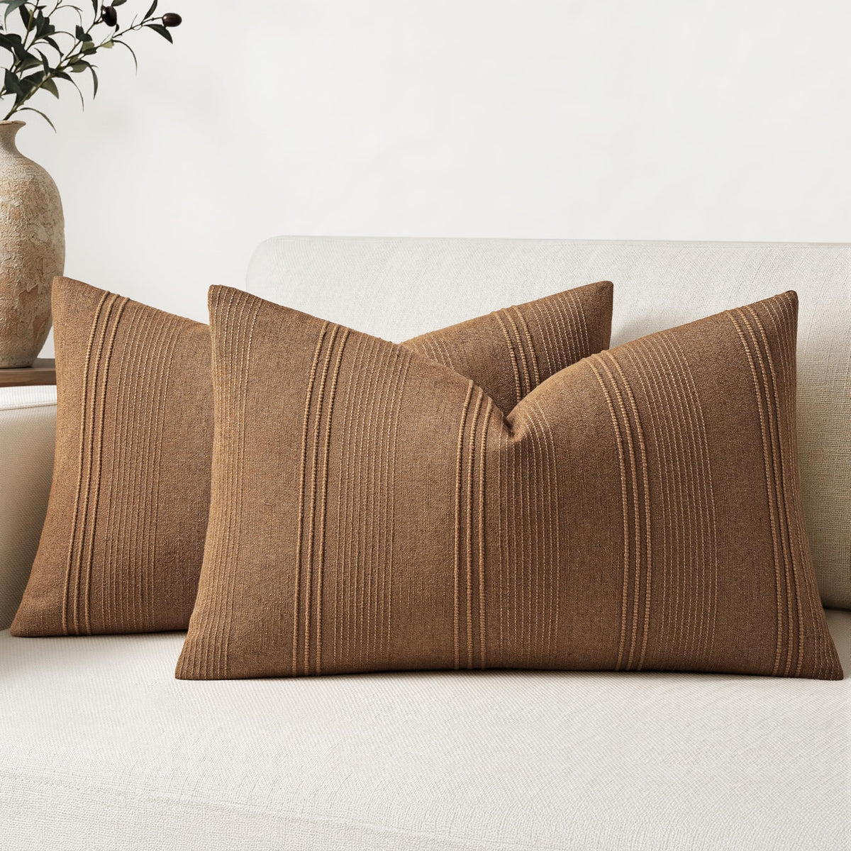 MIULEE Decorative Striped Throw Pillow Covers 18x18 in Natural Beige 2 Pack