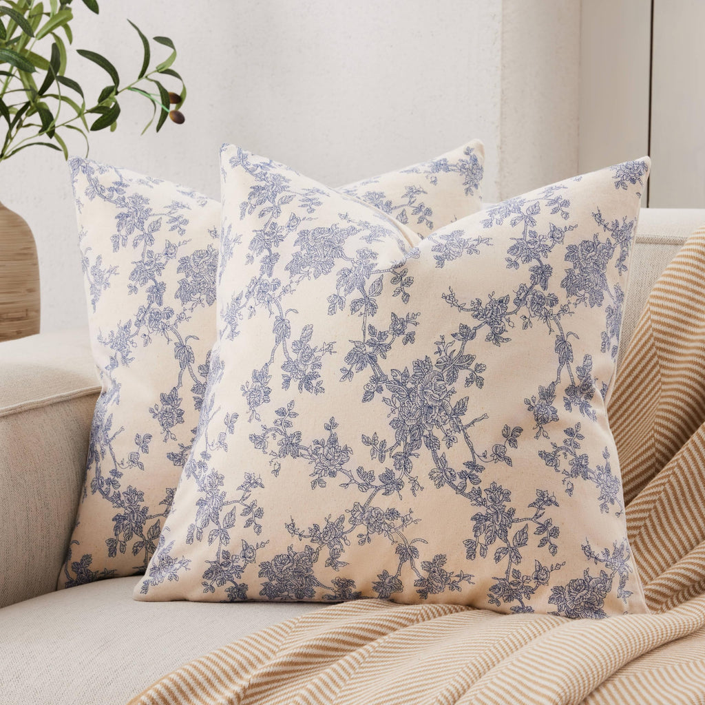 2 Pack French Floral Throw Pillow Covers 18x18in, Blue/Cream