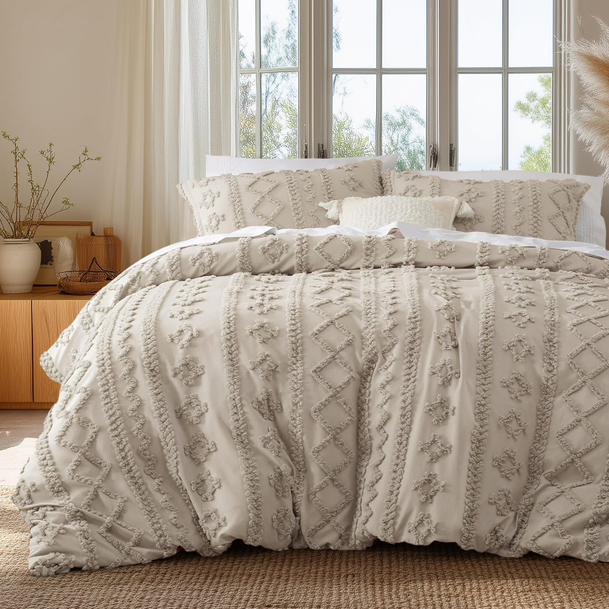 Bedsure White Boho Duvet Cover Queen, Soft Vintage Embroidery