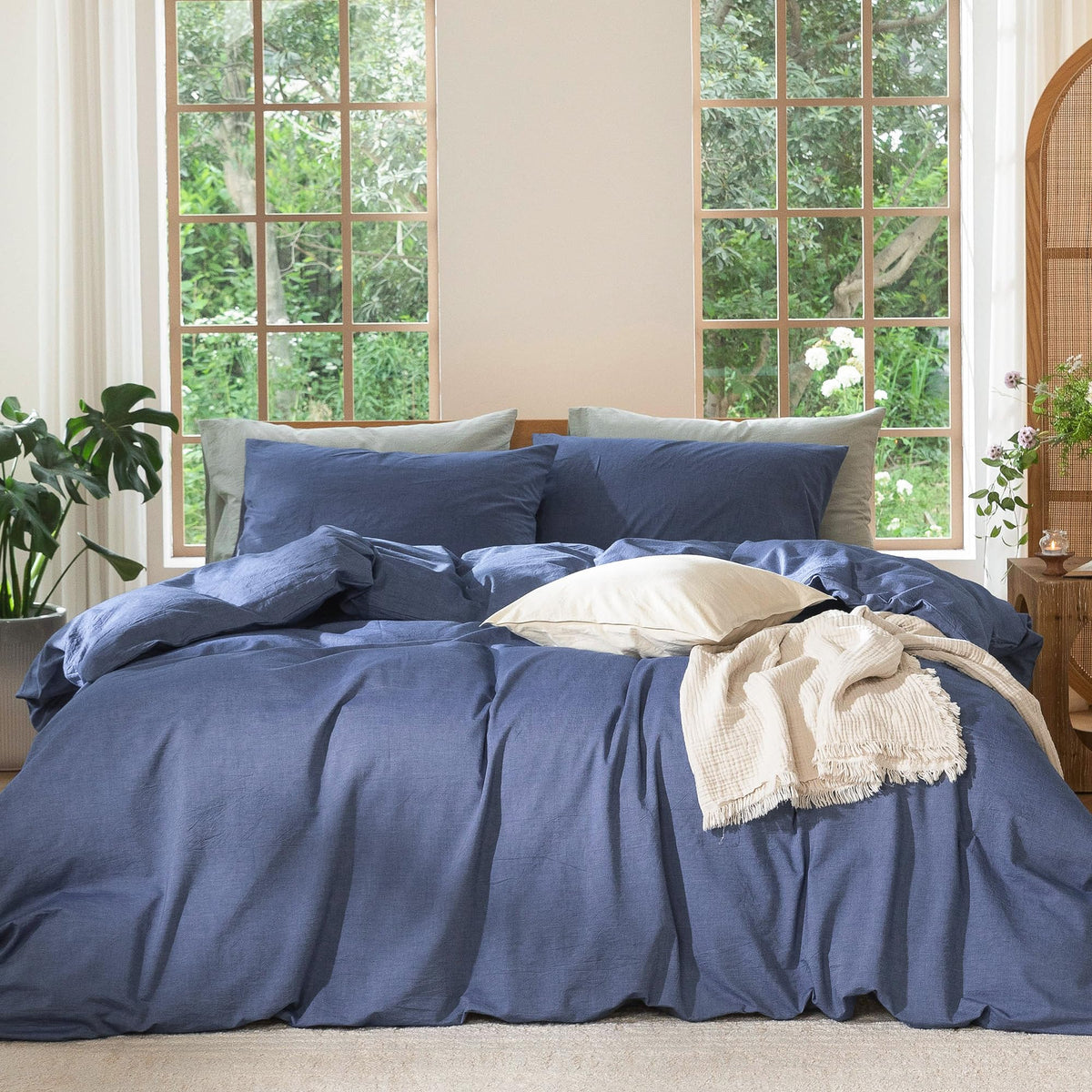 MooMee Duvet Cover Set 100% Washed Cotton Linen Like Queen