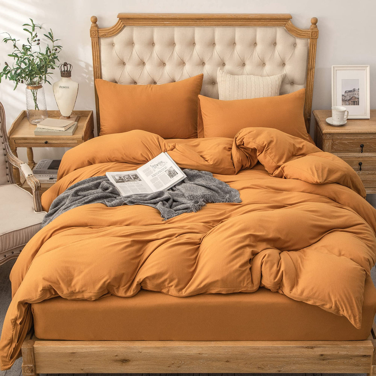 PURE ERA Jersey Knit Duvet Cover Set 100% T-Shirt Cotton Super Soft Comfy 3pc Bedding Set with Zipper Closure (Heather Beige, Queen)