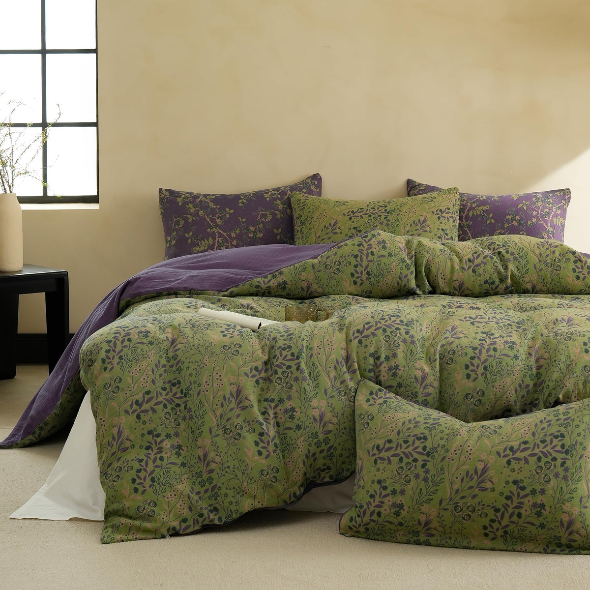 BISELINA 100% Cotton Muslin Duvet Cover Set King, 3 Pcs Yarn-Dyed Jacquard Textured Reversible Floral Design, Soft and Breathable Bedding Set with Zipper Closure, Blue Orange