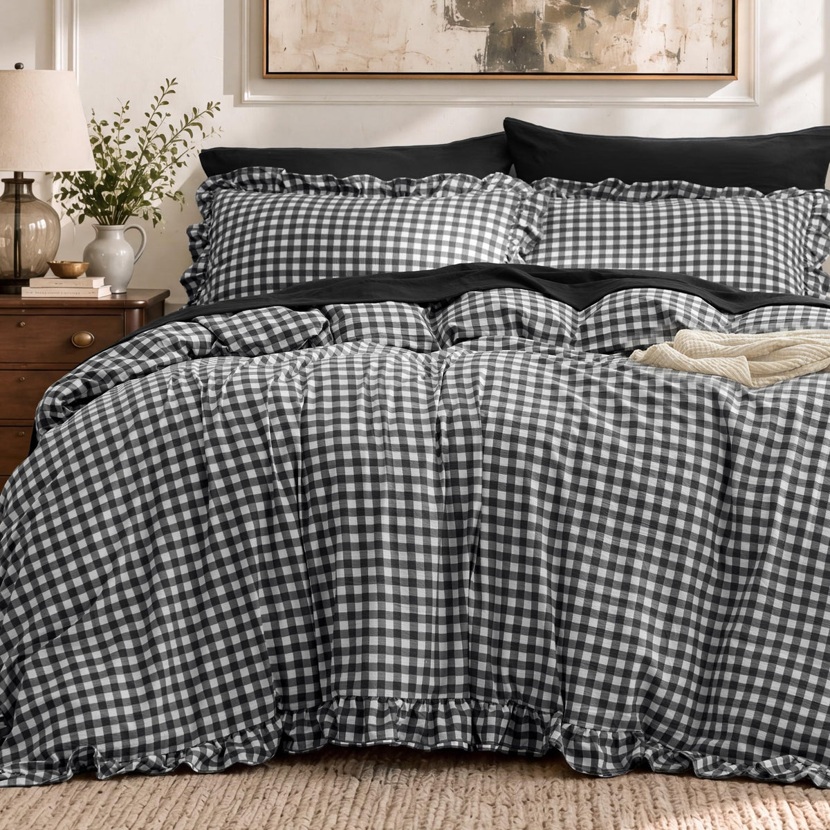 Bedsure Gingham Ruffle Duvet Cover Set, Queen, Cotton-Like Bed, Olive Green
