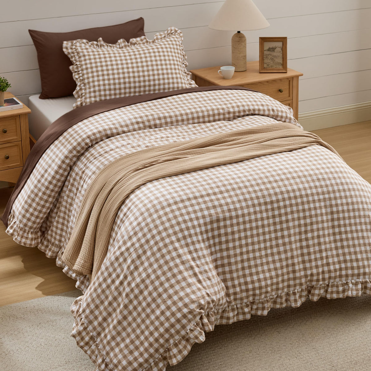 Bedsure Gingham Ruffle Duvet Cover Set, Queen, Cotton-Like Bed, Olive Green