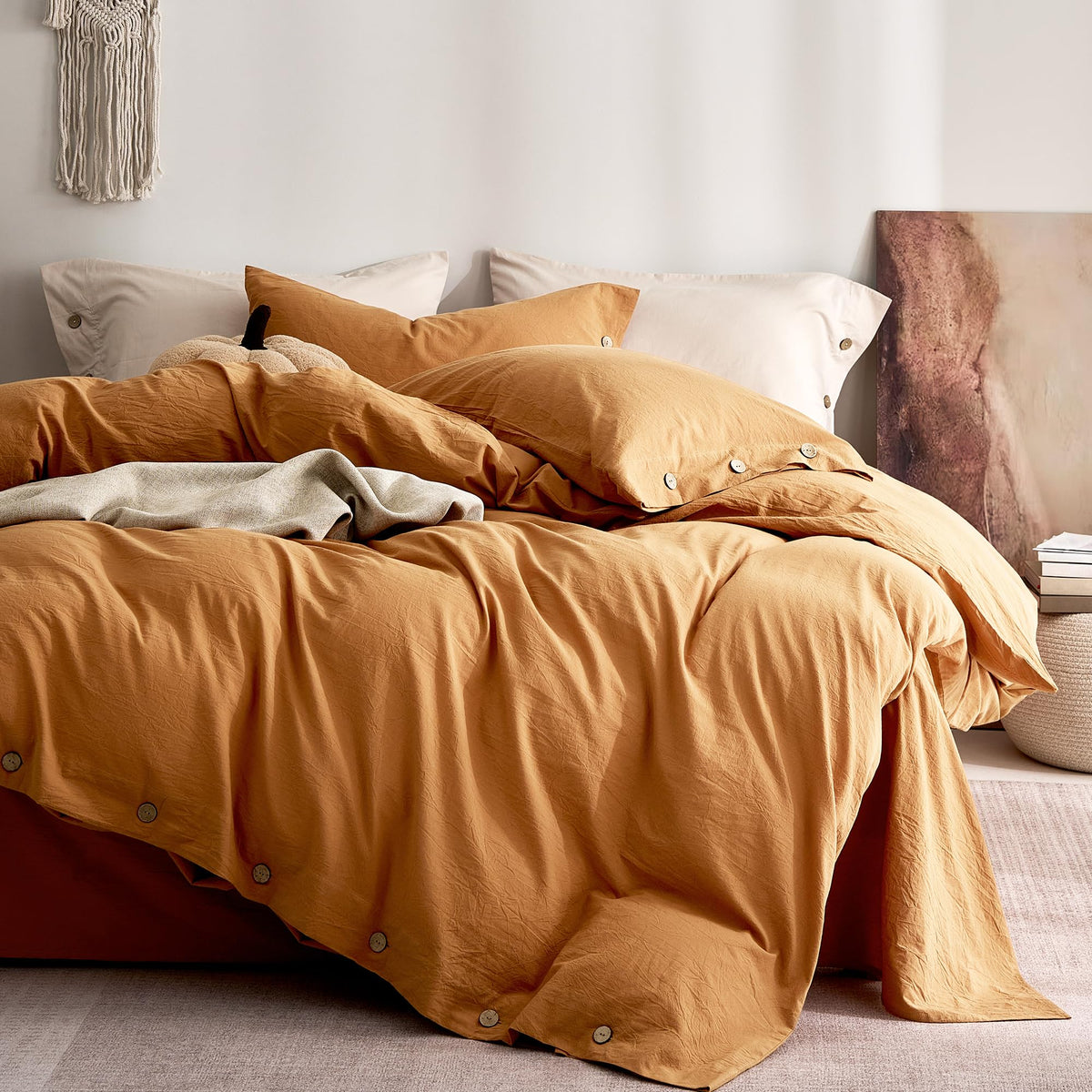 JELLYMONI 100% Washed Cotton Striped Duvet Cover Set King, Linen-Like