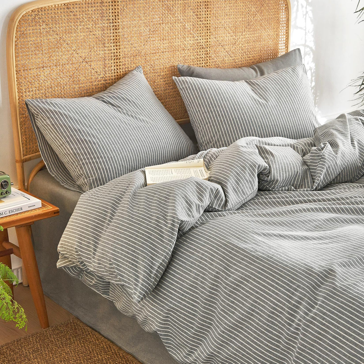Wake In Cloud Striped Cotton Duvet Cover Set, Denim Blue, Queen