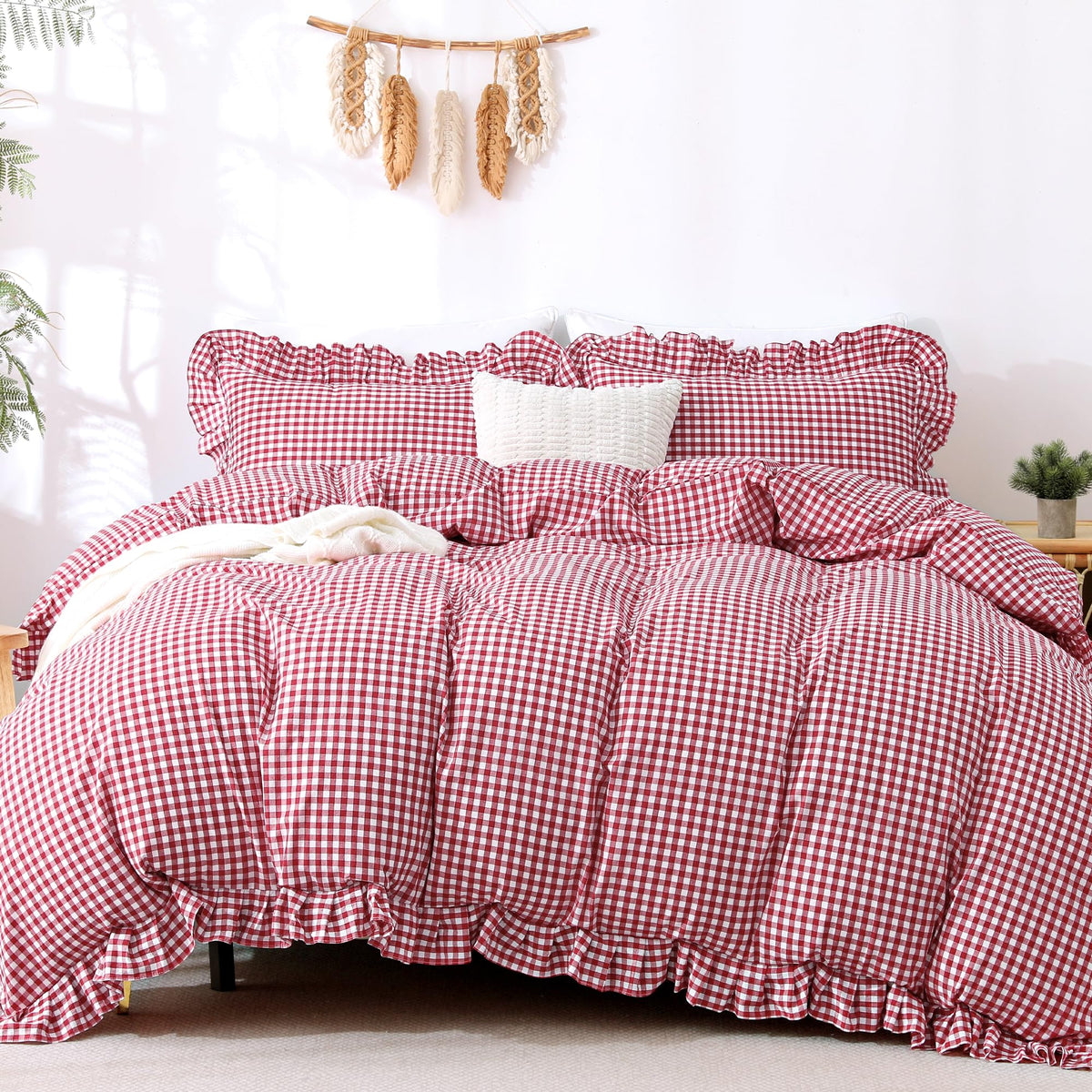 ATsense Tan Gingham Ruffle Duvet Cover Bedding Set Cotton Like Linen, Queen