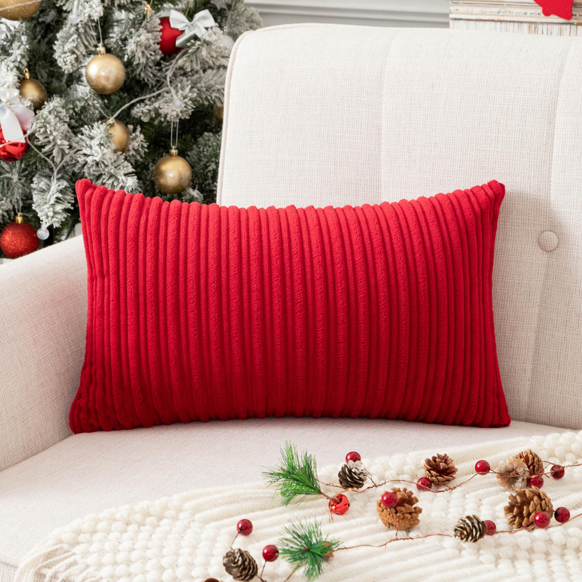 UGASA Velvet 12x20 Inch Lumbar Soft Throw Pillow Cover Boho Farmhouse Decorative Corduroy Striped Both Sides Solid Rectangular Cushion Case for Couch Bedroom Sofa Home, 1 Piece, Beige