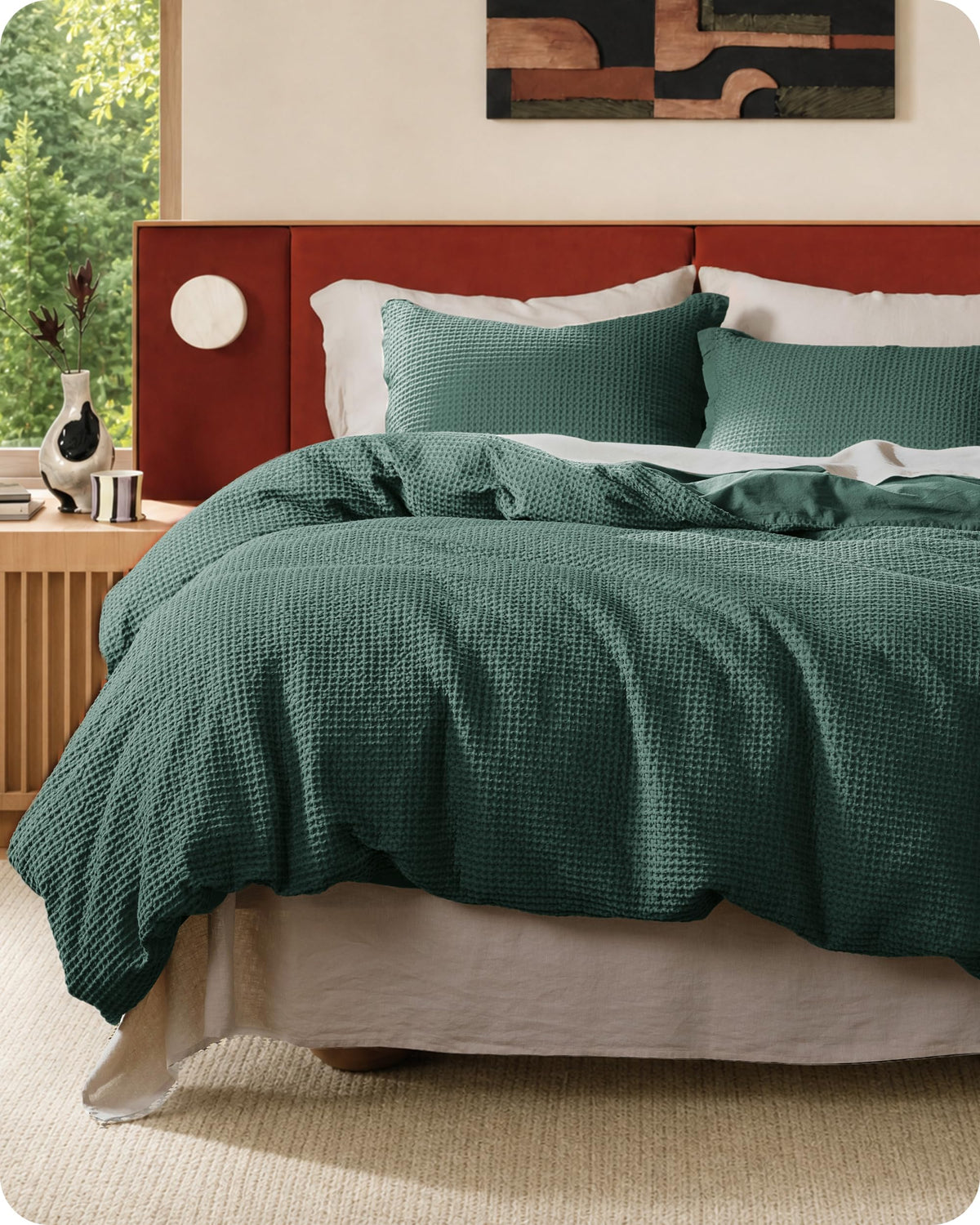 Bedsure PureWoven 3 Pieces 100% Cotton Waffle Duvet Cover Set, King, Linen
