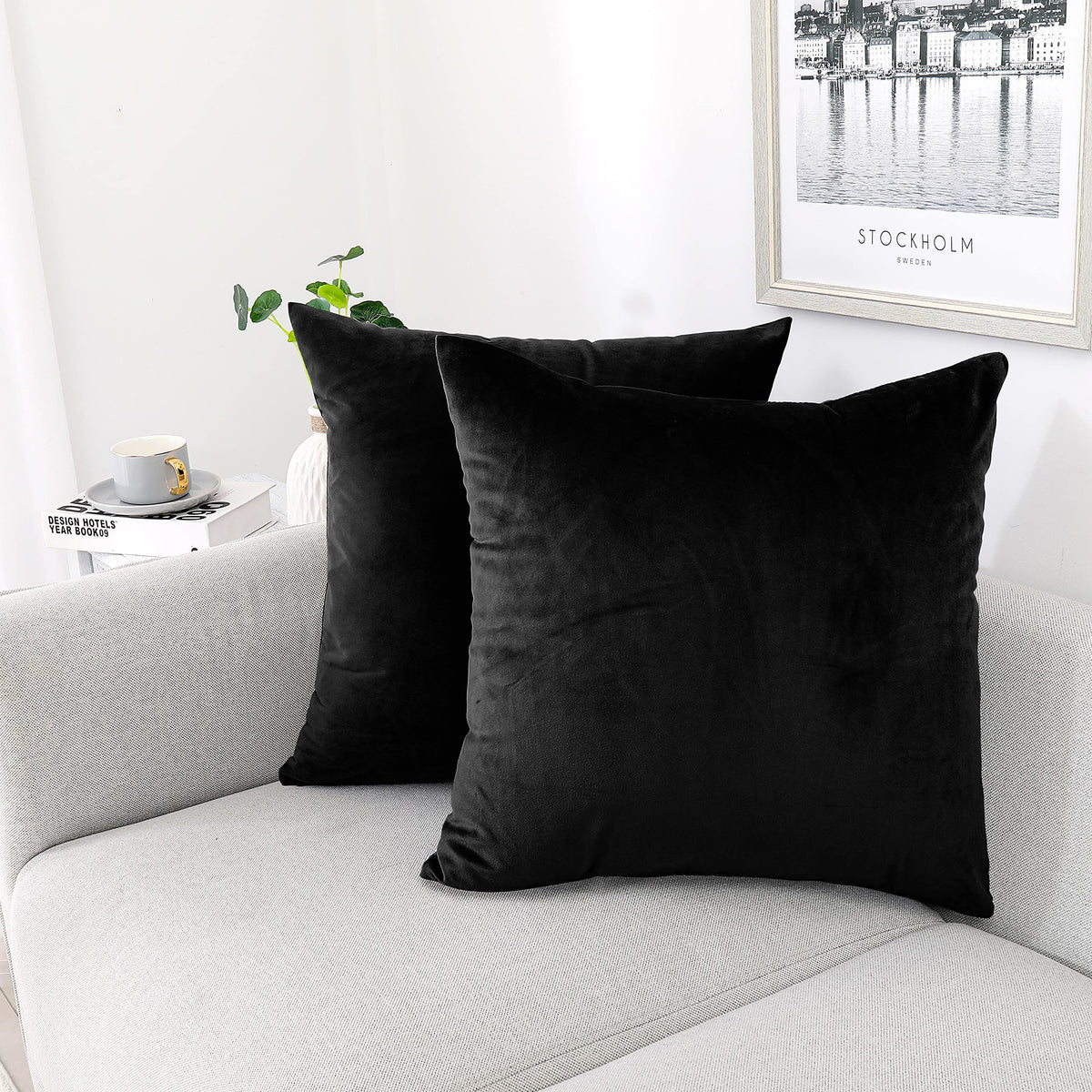 NiNi ALL Black Velvet Throw Pillow Covers 18x18 Pack of 2 Decorative Couch