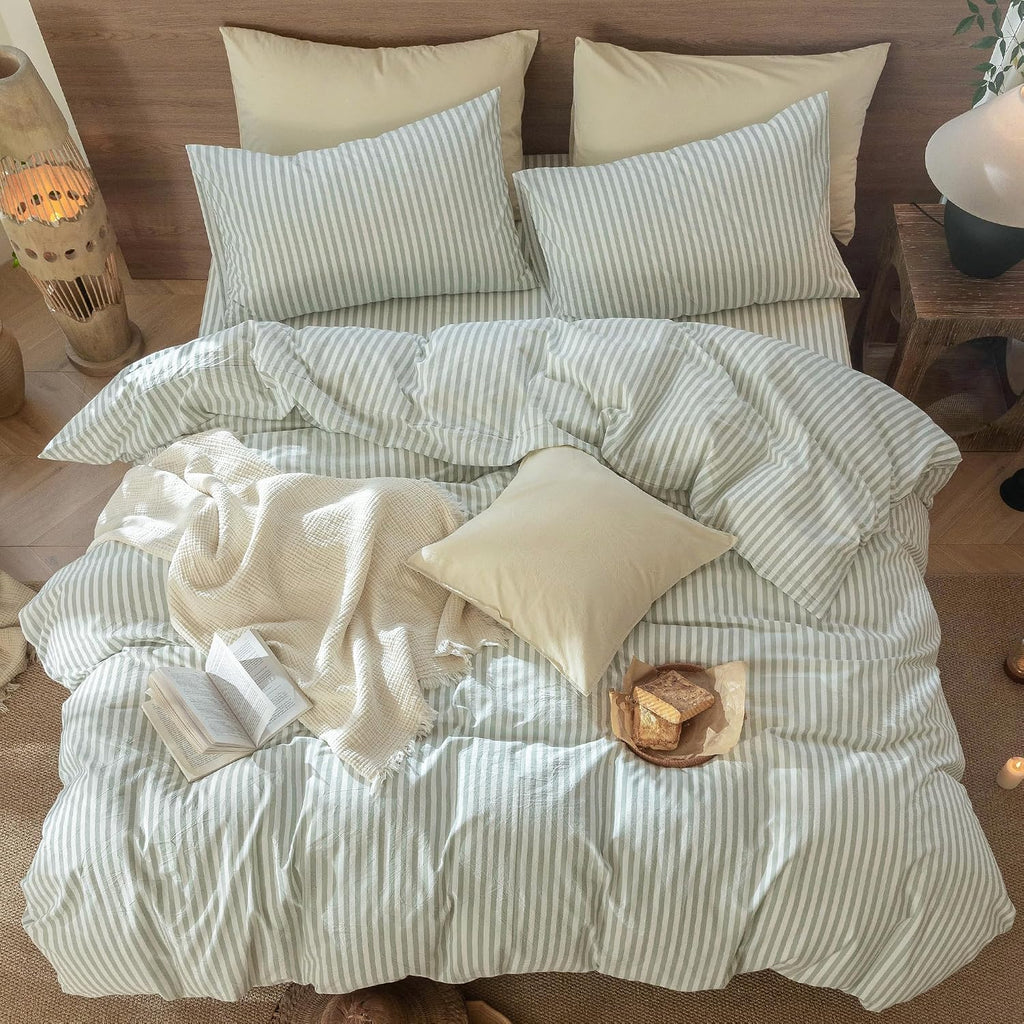 MooMee Striped Duvet Cover Set 100% Washed Cotton Linen Like Queen