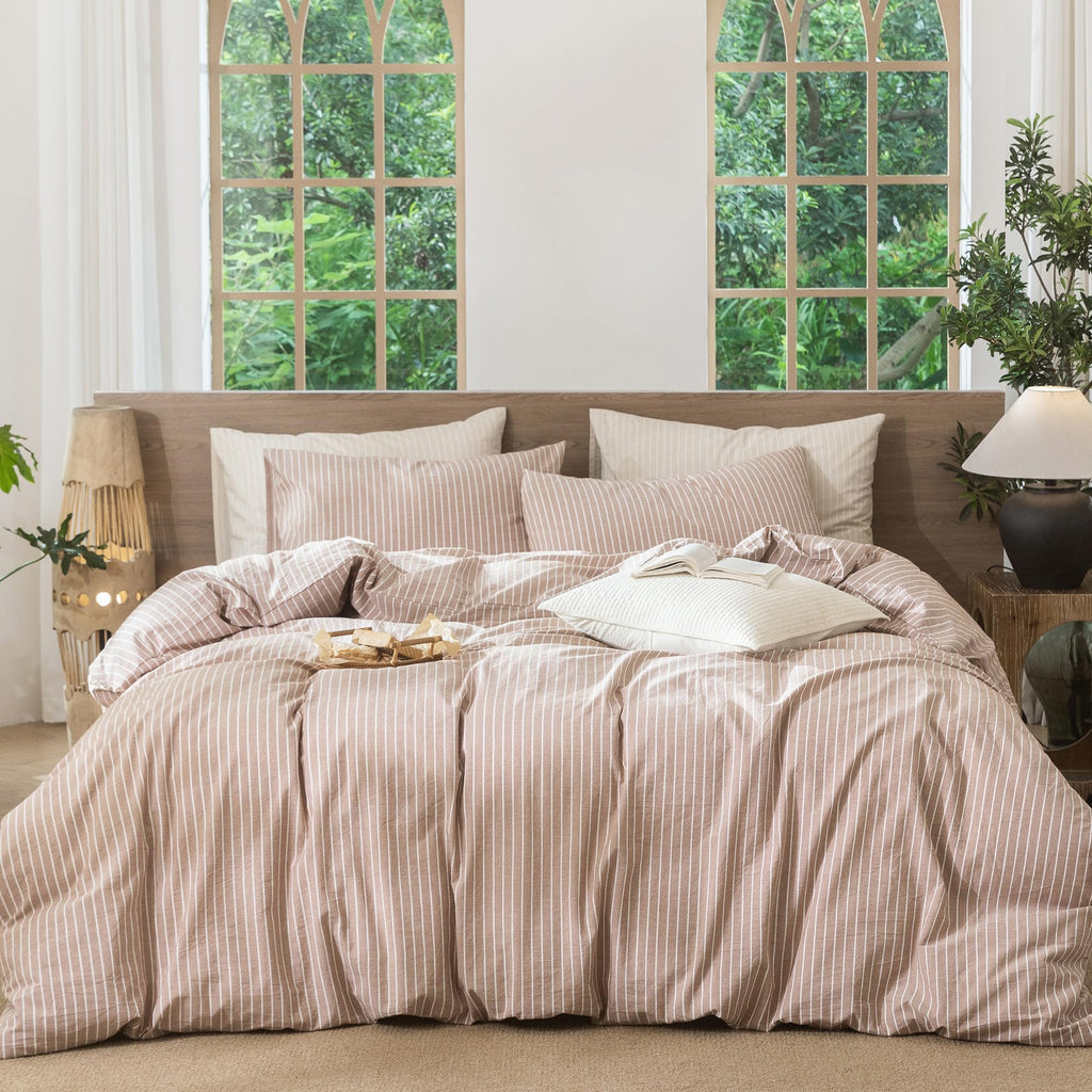 MooMee Striped Duvet Cover Set 100% Washed Cotton Linen Like Queen