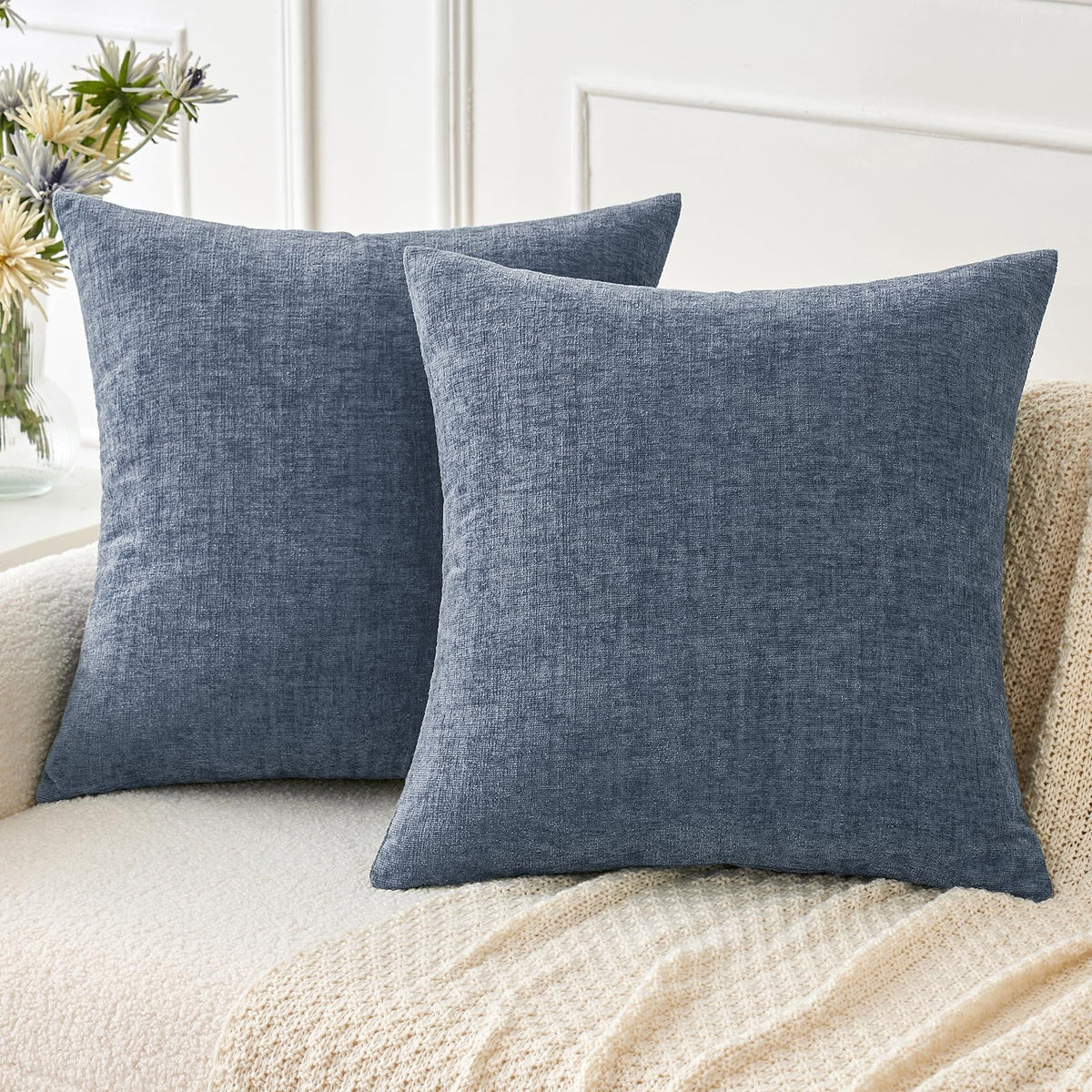 MIULEE Soft Chenille Throw Pillow Covers Teal 18x18 Inch Pack of 2