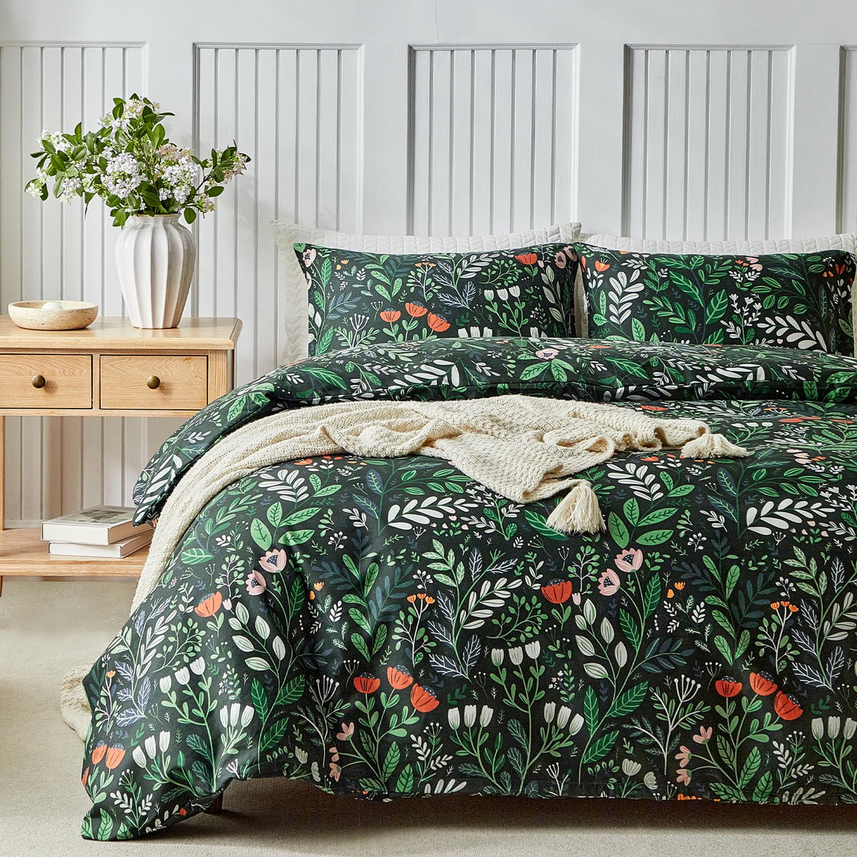 Lekesky Floral Duvet Cover Queen Size 3-Piece, Sage Green