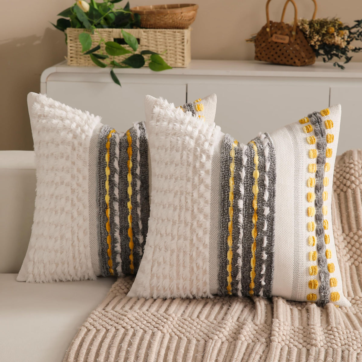 Boho Chenille Tufted Couch Throw Pillow Covers 18x18 Inch Set of 2 Farmhouse Striped Decorative Pillow Covers Accent Neutral Pillowcase Teal Cushion Cover for Living Room Sofa Bed