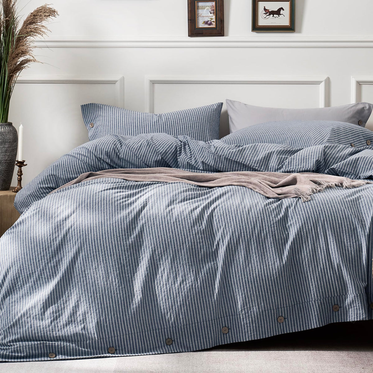 JELLYMONI 100% Washed Cotton Striped Duvet Cover Set King, Linen-Like