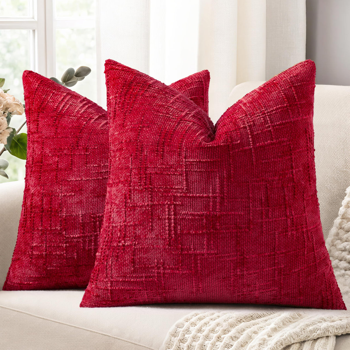 decorUhome Textured Chenille Throw Pillow Covers 18x18 Set of 2 Rust