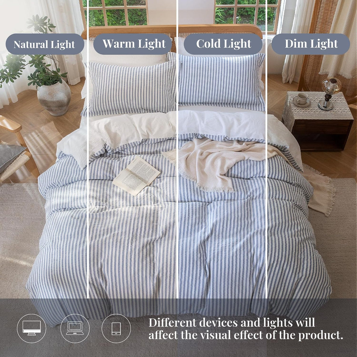 MILDLY Jacquard Striped Duvet Cover Set 3pcs Dual Zipper Blue Queen