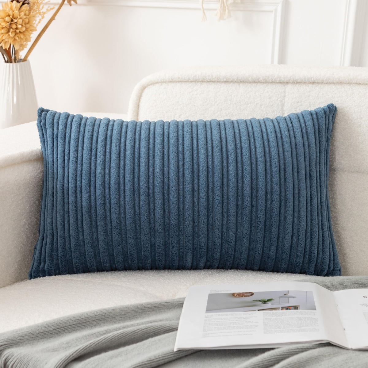 UGASA Velvet 12x20 Inch Lumbar Soft Throw Pillow Cover Boho Farmhouse Decorative Corduroy Striped Both Sides Solid Rectangular Cushion Case for Couch Bedroom Sofa Home, 1 Piece, Beige