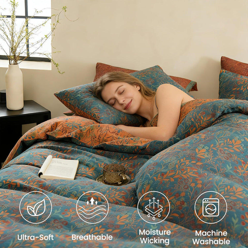 BISELINA 100% Cotton Muslin Duvet Cover Set King, 3 Pcs Yarn-Dyed Jacquard Textured Reversible Floral Design, Soft and Breathable Bedding Set with Zipper Closure, Blue Orange