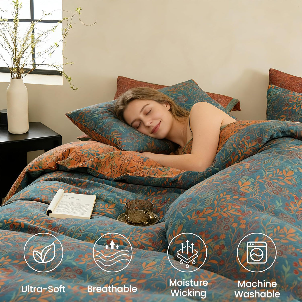 BISELINA 100% Cotton Muslin Duvet Cover Set King, 3 Pcs Yarn-Dyed Jacquard Textured Reversible Floral Design, Soft and Breathable Bedding Set with Zipper Closure, Blue Orange