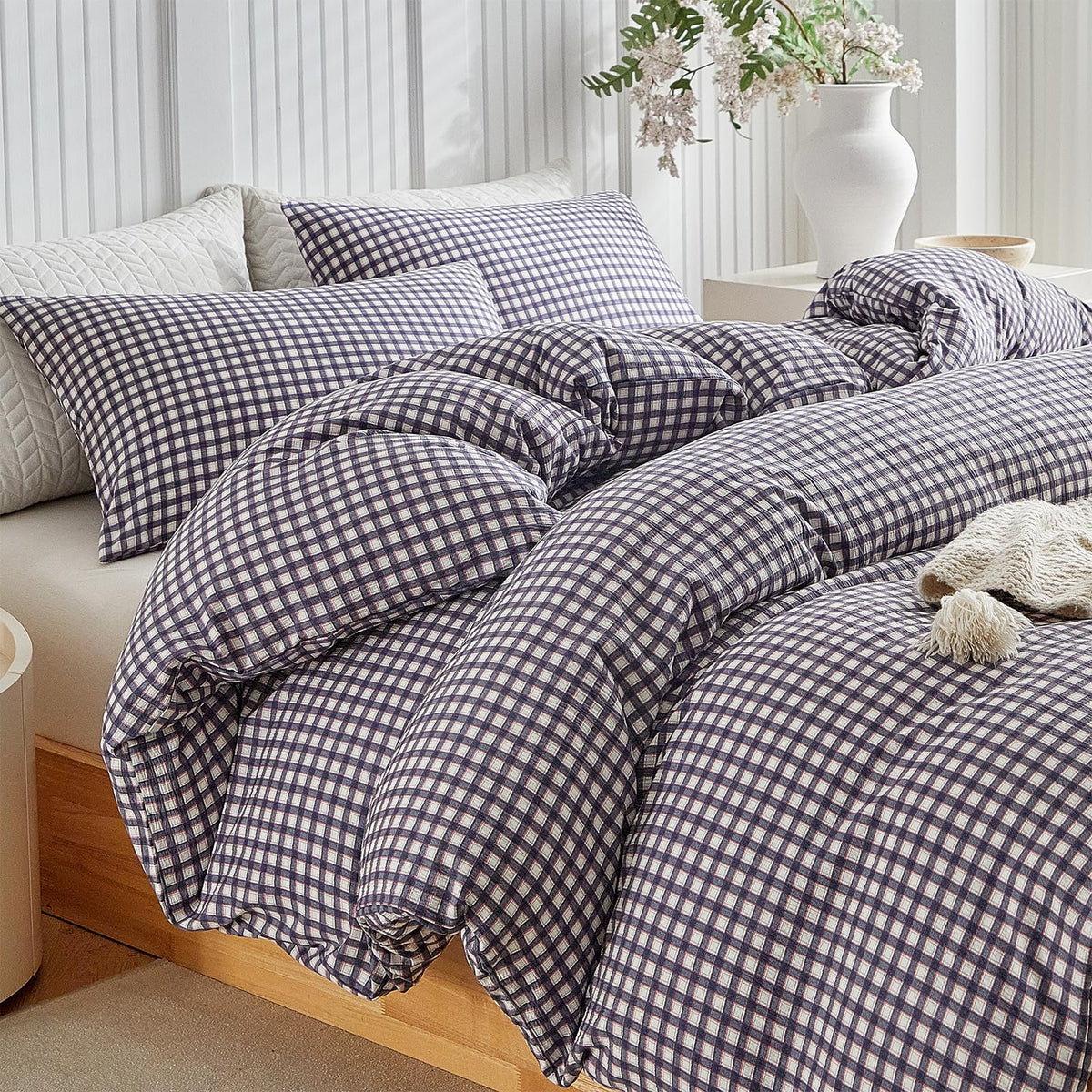 DuShow Grid King Duvet Cover Set - Tan Gingham Washed Microfiber Comforter Cover Set, 3 Pieces Plaid Checkered Soft Reversible Bedding Set(Tan,King)