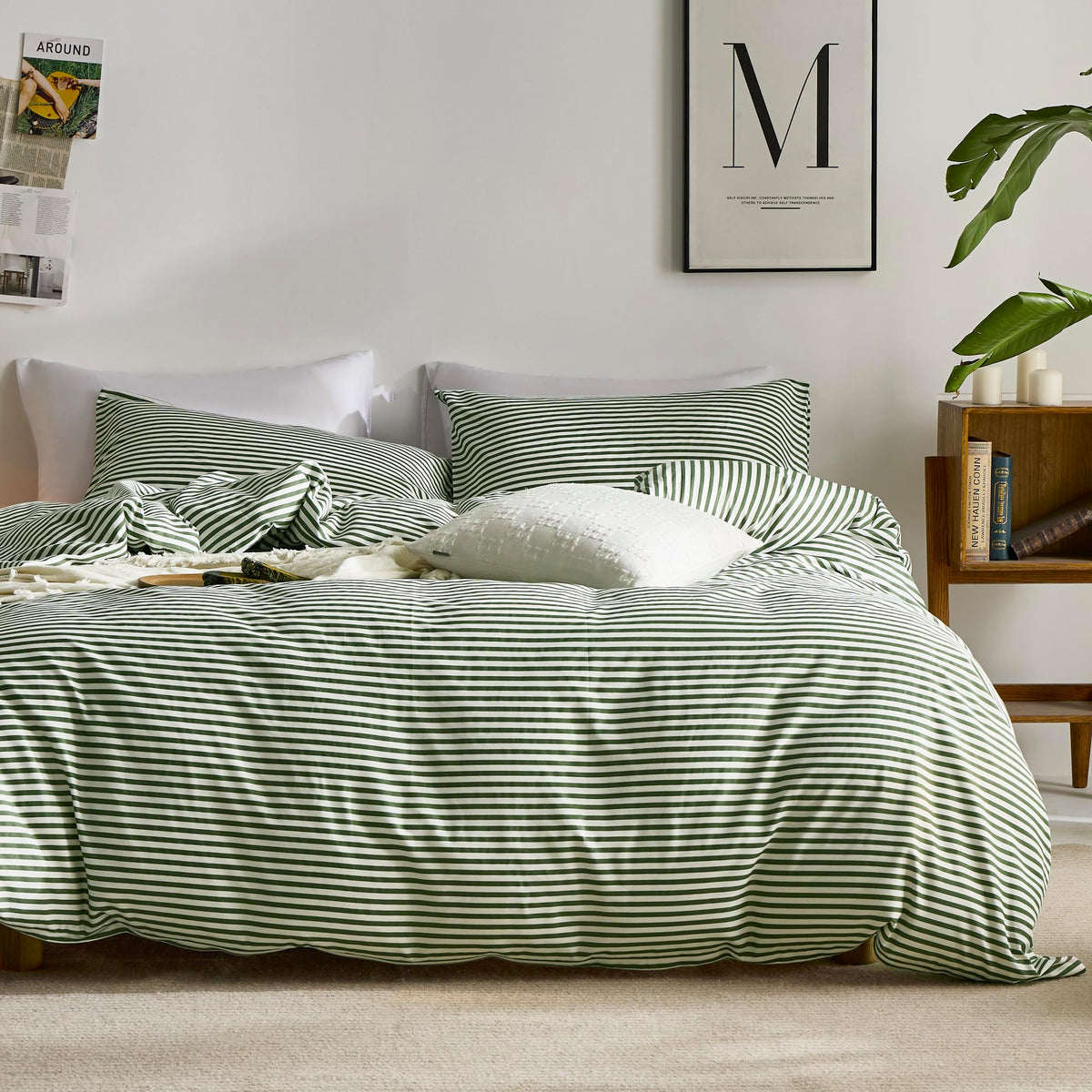 JELLYMONI 100% Cotton Classic Striped Queen Duvet Cover Set, Tan/White