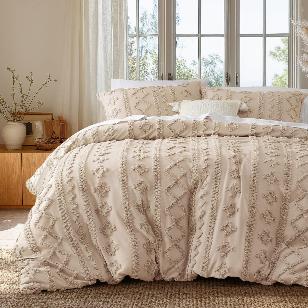 Bedsure Boho Cal King Duvet Cover, Tufted Embroidery, 3-Piece, Beige
