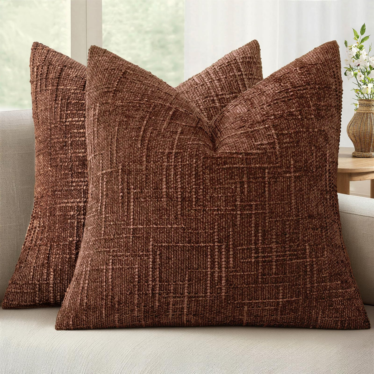MIULEE Chenille Textured Throw Pillow Covers Cream White 20x20 Set of 2
