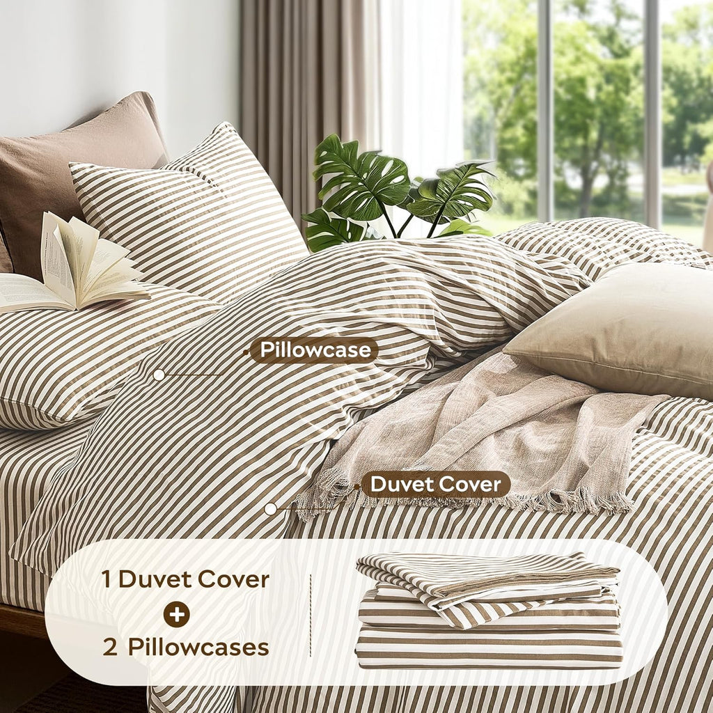 JELLYMONI 100% Cotton Classic Striped Queen Duvet Cover Set, Tan/White