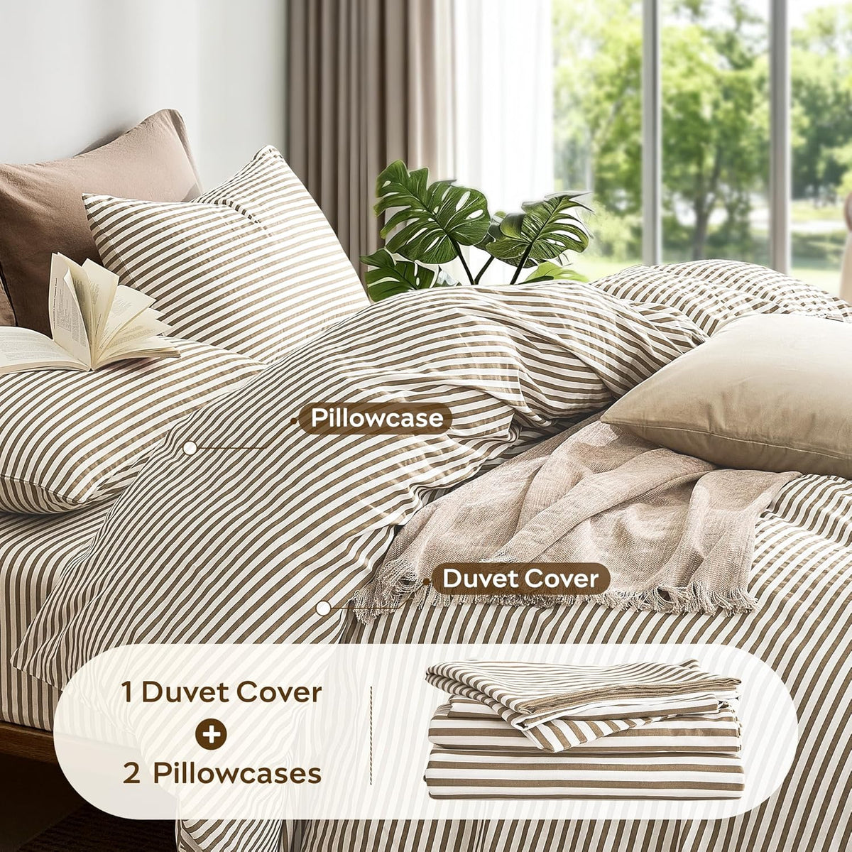 JELLYMONI 100% Cotton Classic Striped Queen Duvet Cover Set, Tan/White
