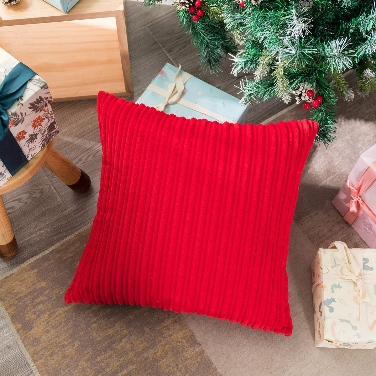 UGASA Velvet 12x20 Inch Lumbar Soft Throw Pillow Cover Boho Farmhouse Decorative Corduroy Striped Both Sides Solid Rectangular Cushion Case for Couch Bedroom Sofa Home, 1 Piece, Beige