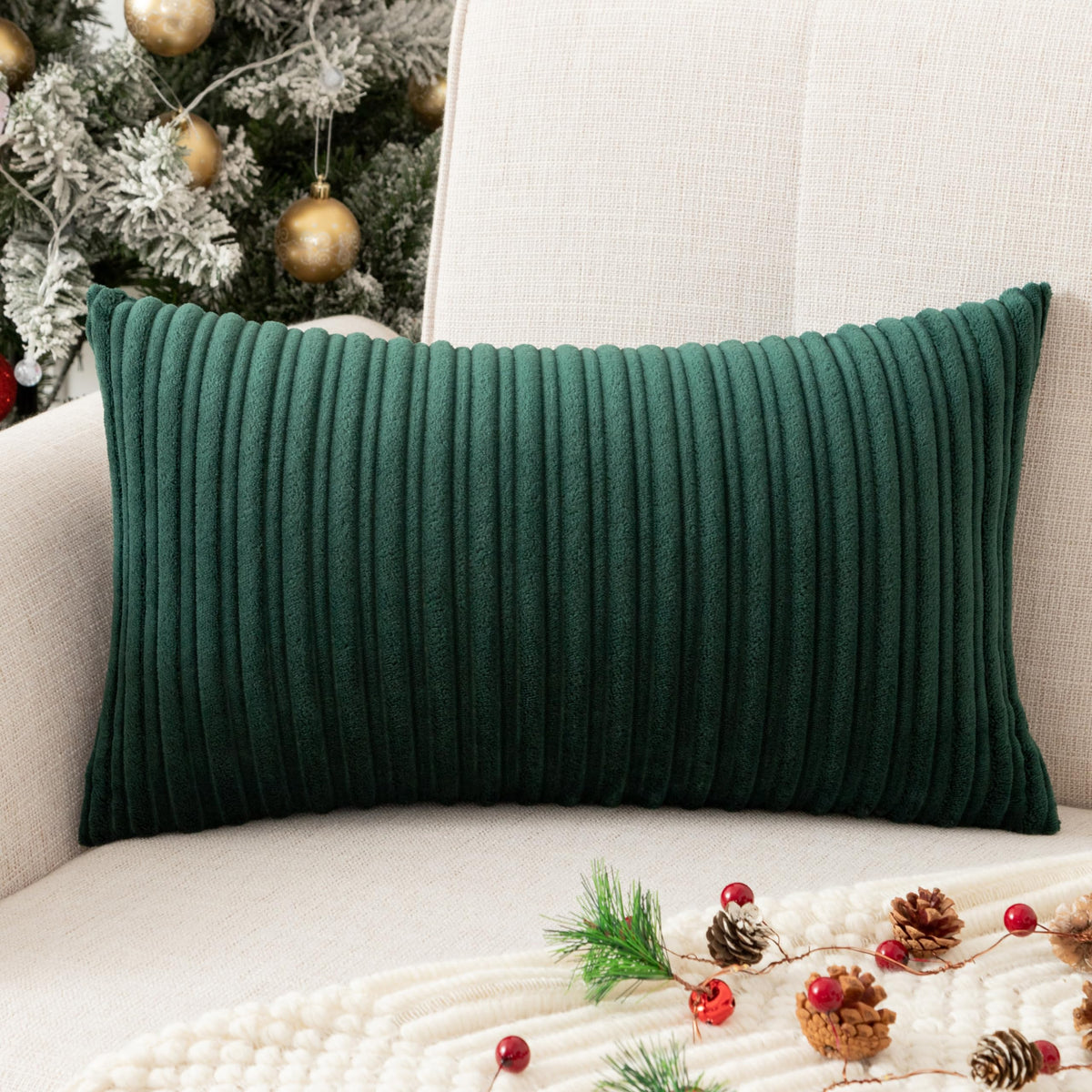 UGASA Velvet 12x20 Inch Lumbar Soft Throw Pillow Cover Boho Farmhouse Decorative Corduroy Striped Both Sides Solid Rectangular Cushion Case for Couch Bedroom Sofa Home, 1 Piece, Beige