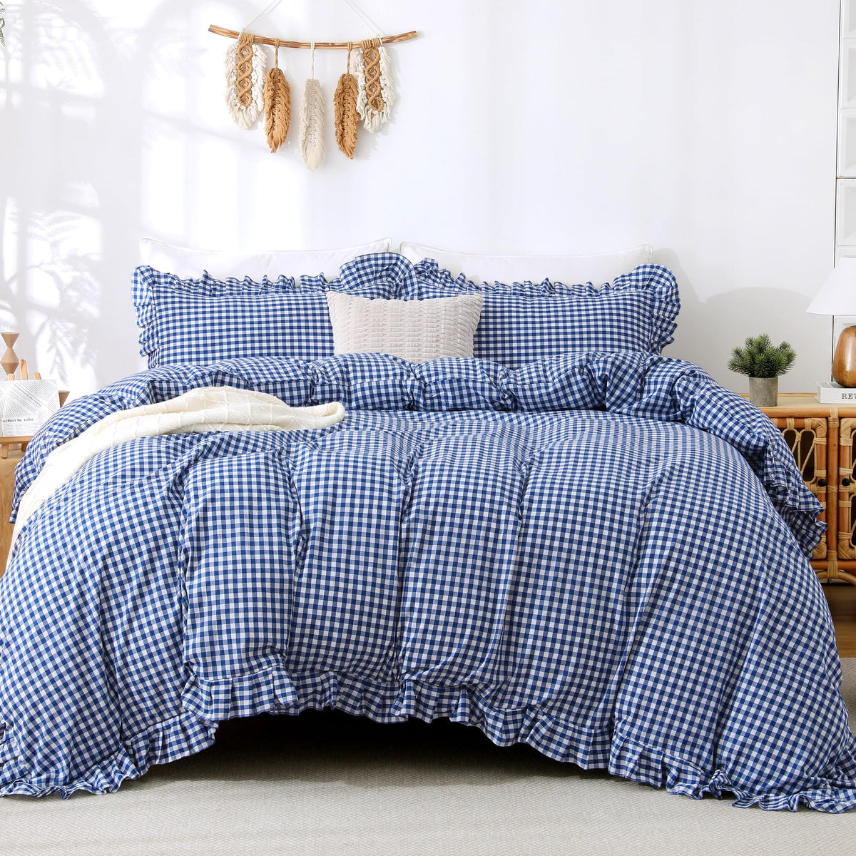 ATsense Tan Gingham Ruffle Duvet Cover Bedding Set Cotton Like Linen, Queen