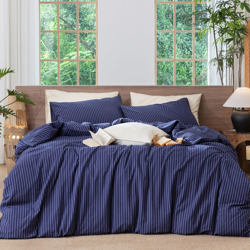 MooMee Striped Duvet Cover Set 100% Washed Cotton Linen Like Queen