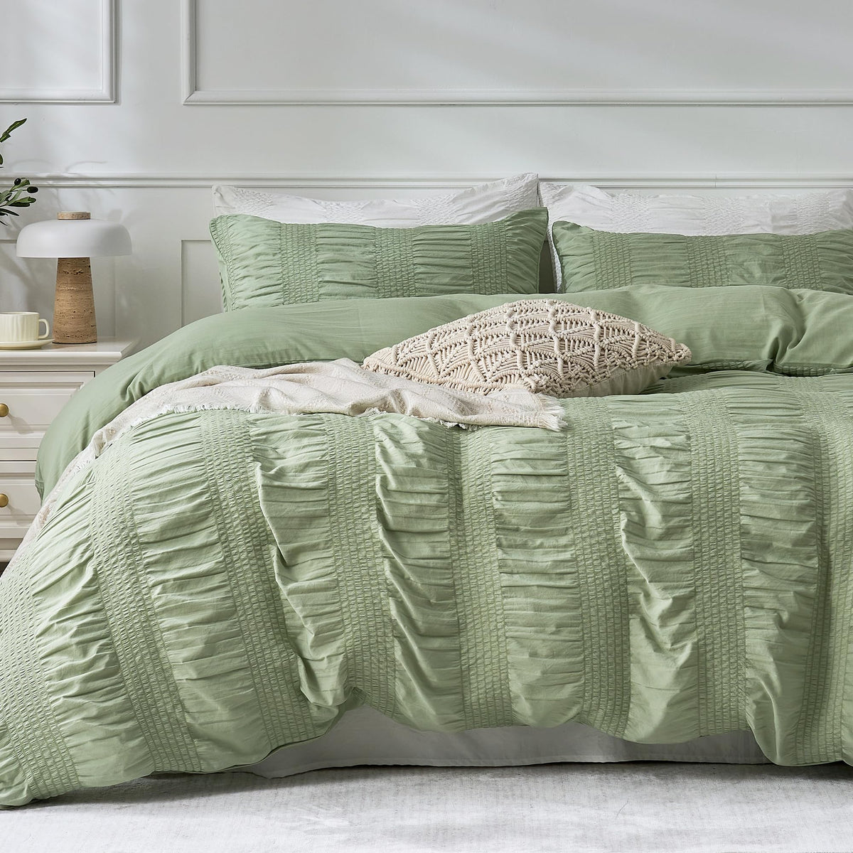 JELLYMONI White Seersucker Duvet Cover Set Queen Size